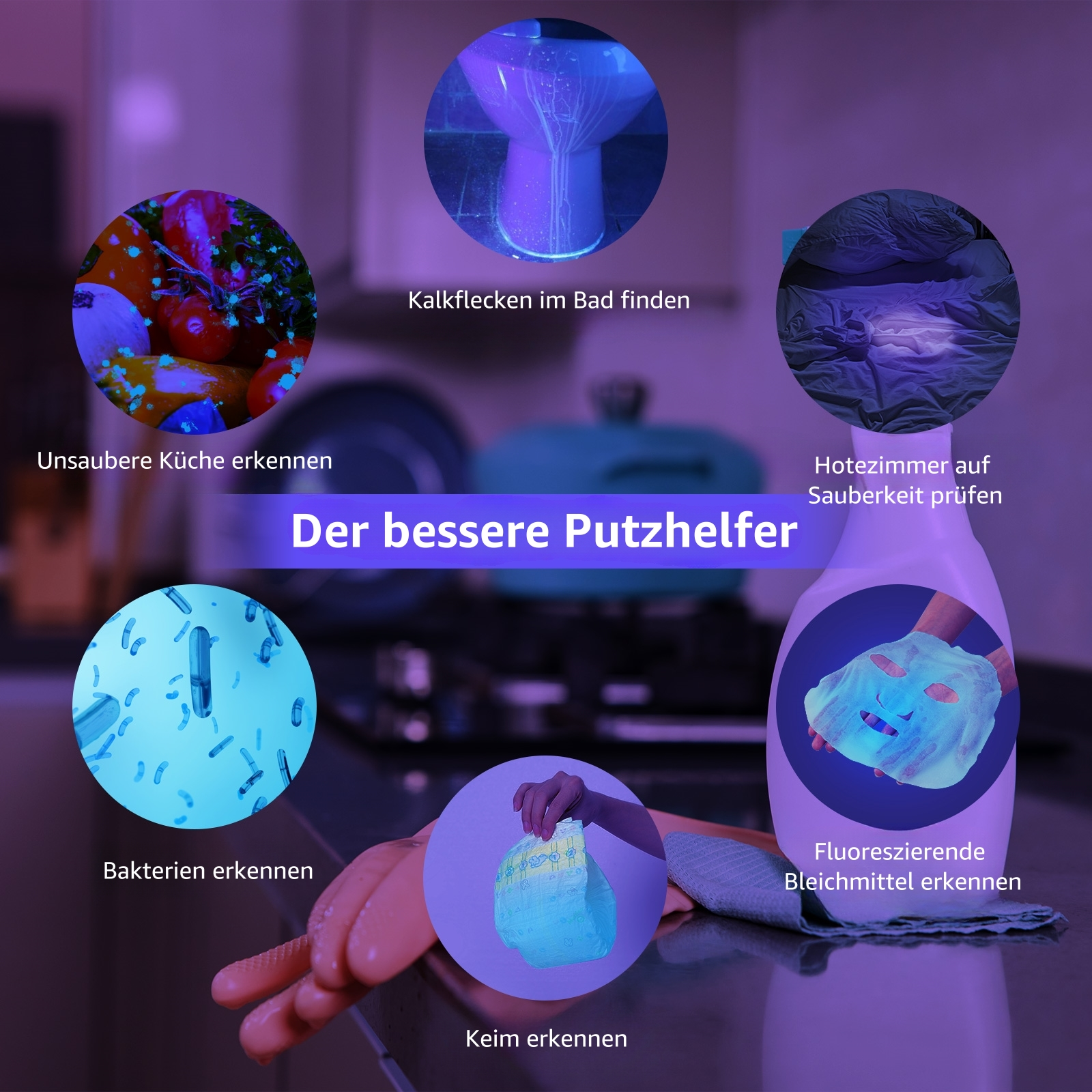 Werbung für ein Reinigungsmittel mit Bildern von Küche, Bad und anderen Bereichen.