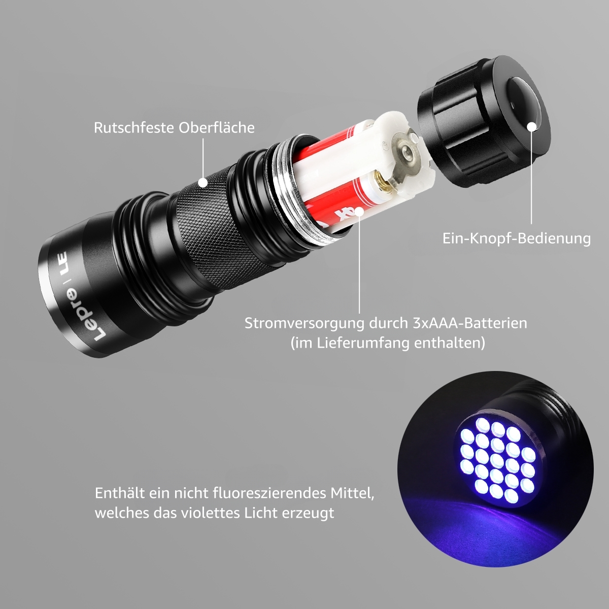 Schwarze Taschenlampe, zerlegt, um die inneren Komponenten zu zeigen. Batterien.