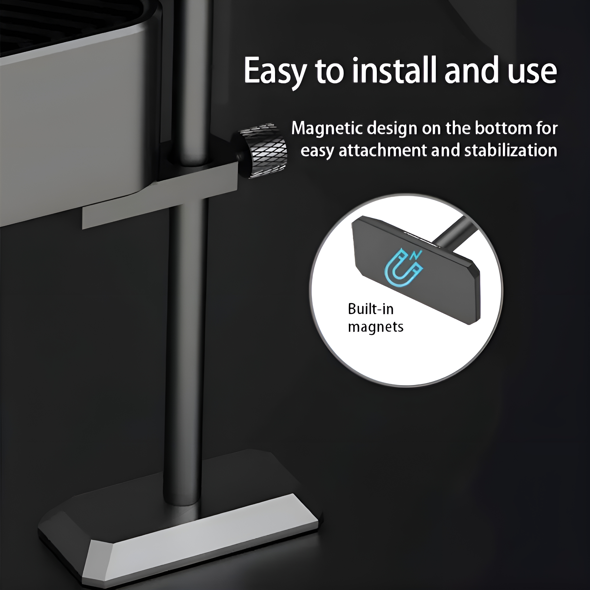 Nahaufnahme eines magnetischen Ständersockels und -arms mit Text über einfache Installation und integrierte Magnete.