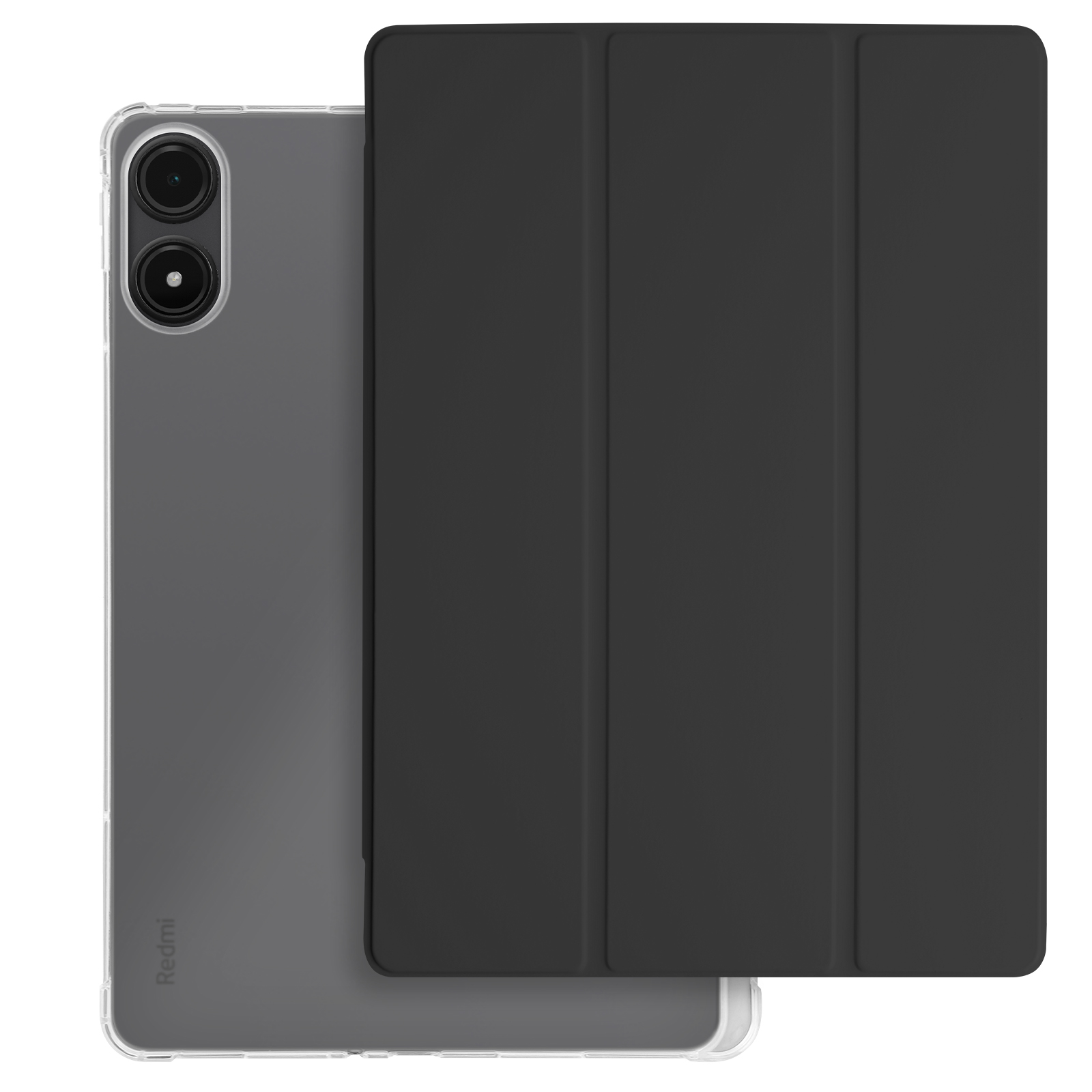 Un tablet con custodia trasparente e cover nera, che mostra la fotocamera del tablet.