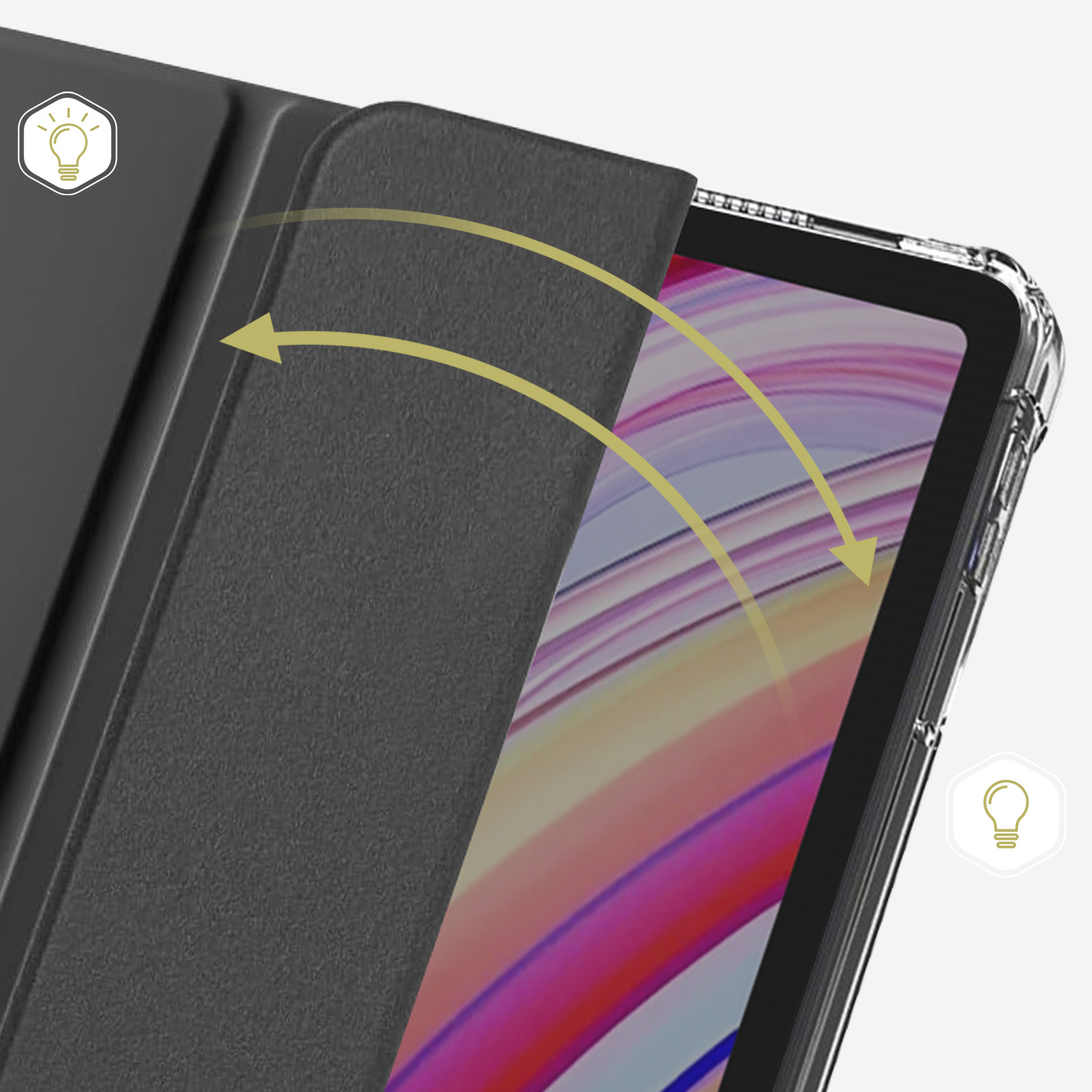 Tablet in una custodia nera, parzialmente aperto. Sfondo bianco.
