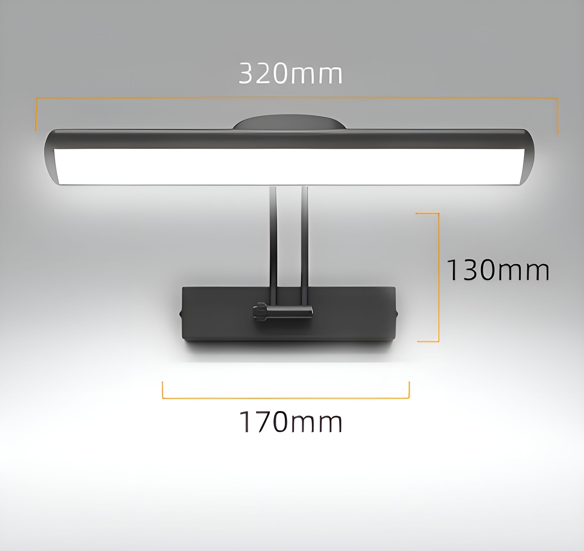 Eine schwarze LED-Leuchte an der Wand montiert, mit den Maßen: 320 mm, 170 mm, 130 mm.