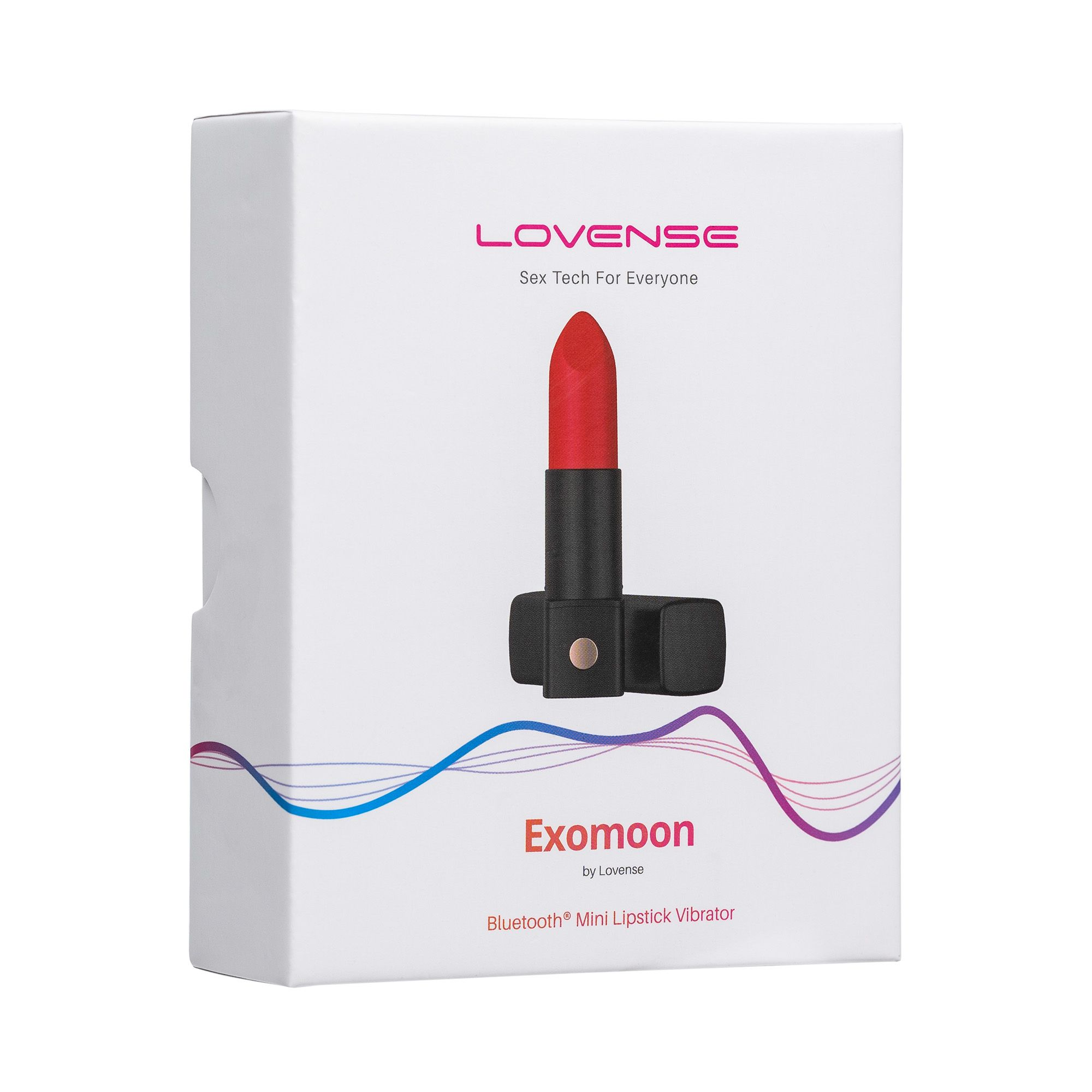 Schachtel des Exomoon Bluetooth Mini-Lippenstift-Vibrators. Rote Lippenstift-Grafik auf der Schachtel.