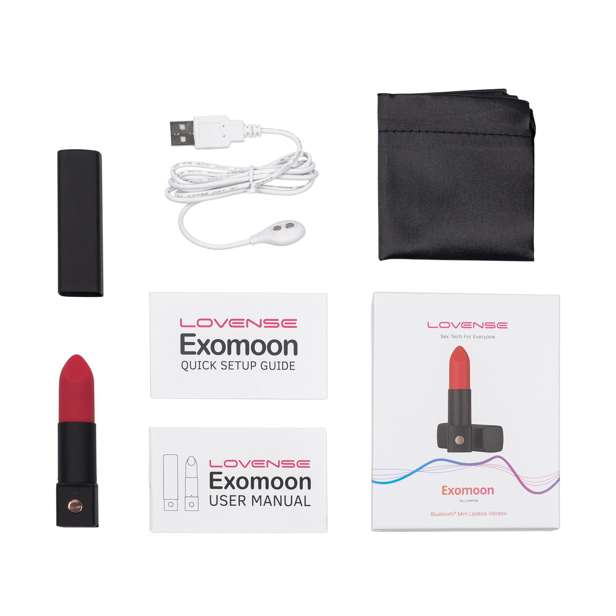 Ein lippenstiftförmiger Vibrator mit Zubehör, einschließlich Ladekabel, Beutel und Handbüchern, auf weißem Hintergrund.