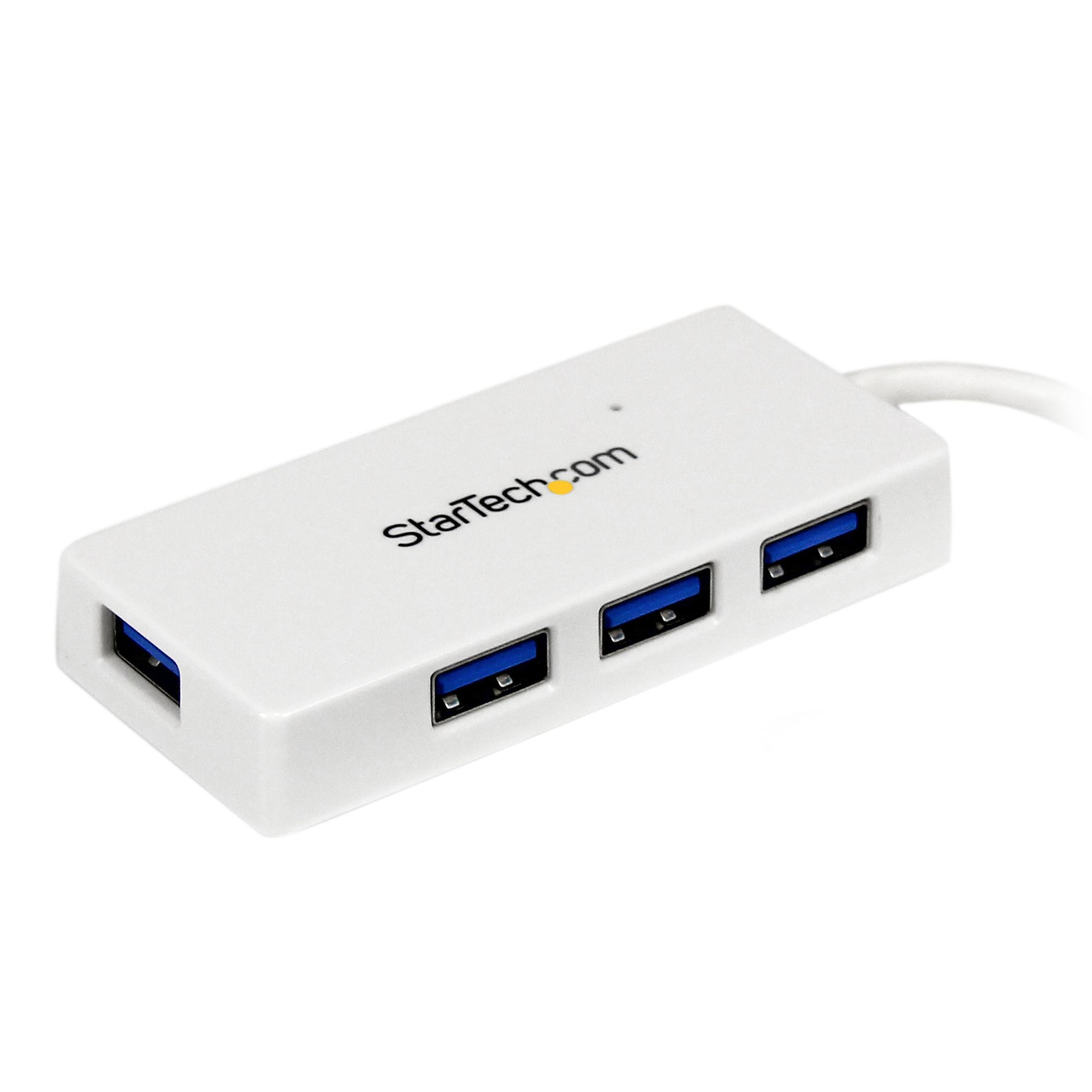 Un concentrador USB blanco con cuatro puertos USB azules.
