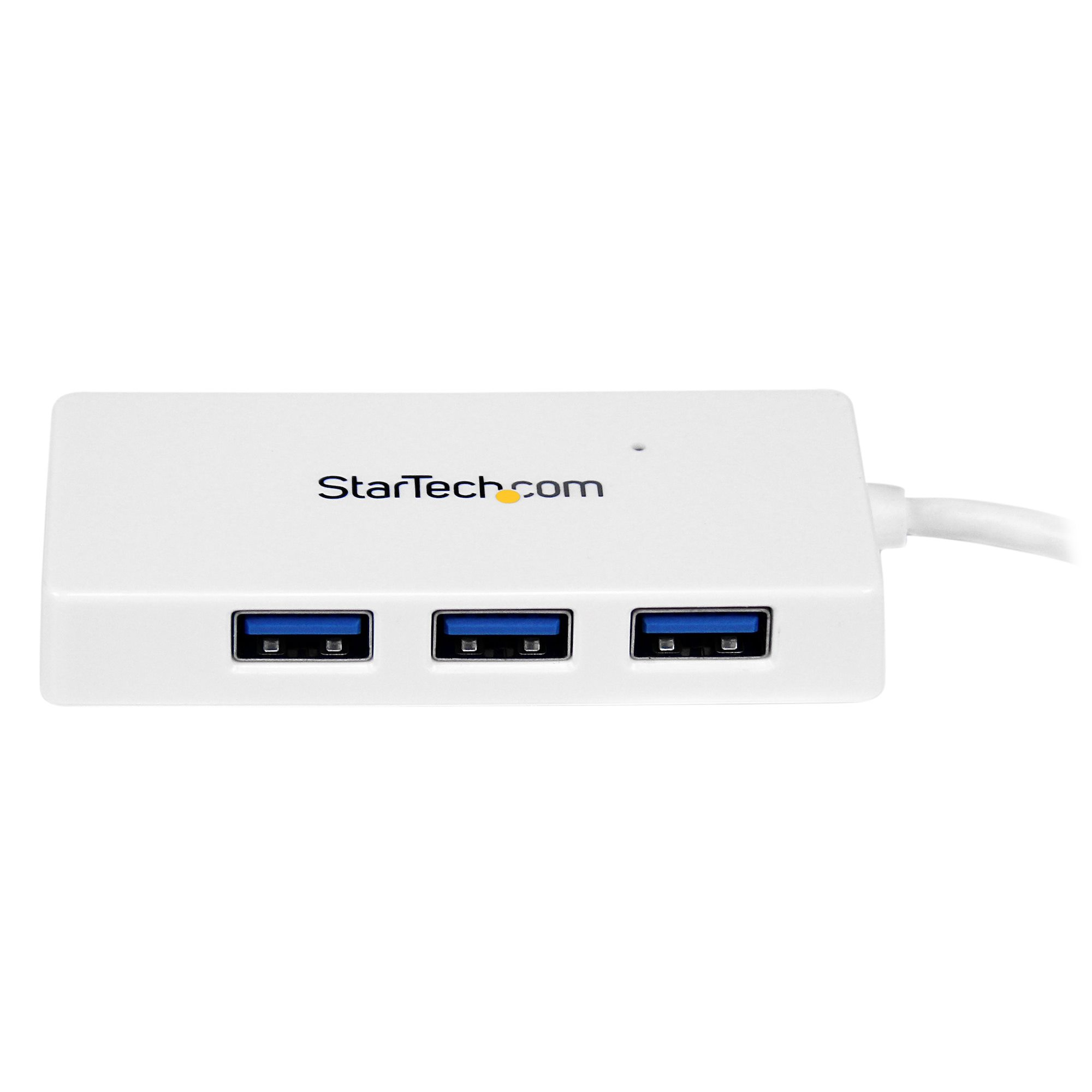 Concentrador USB blanco StarTech.com con tres puertos USB, sobre fondo blanco.