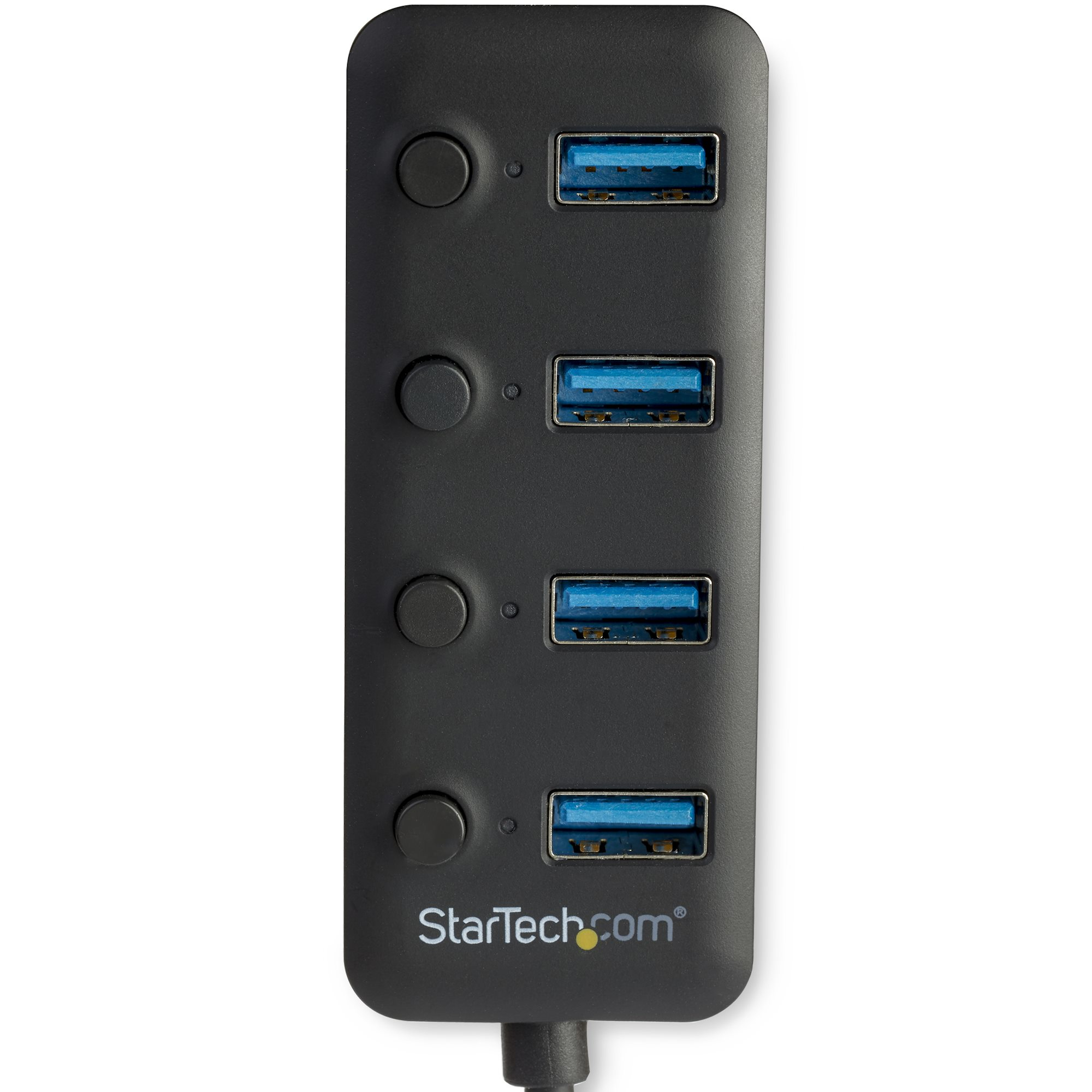 Schwarzer USB-Hub mit vier blauen USB-Anschlüssen und Knöpfen.