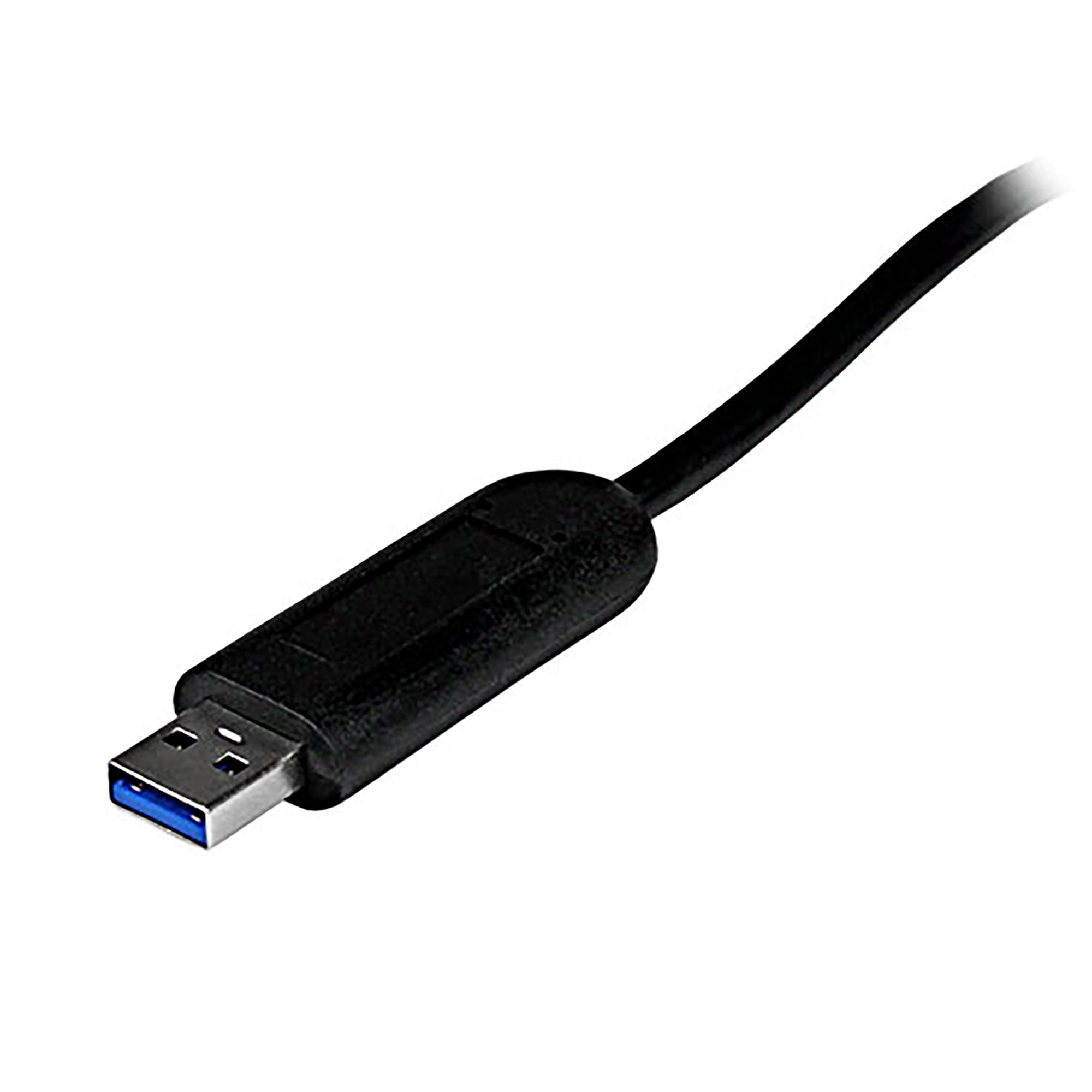 Cavo USB 3.0 nero con connettore blu su sfondo bianco.