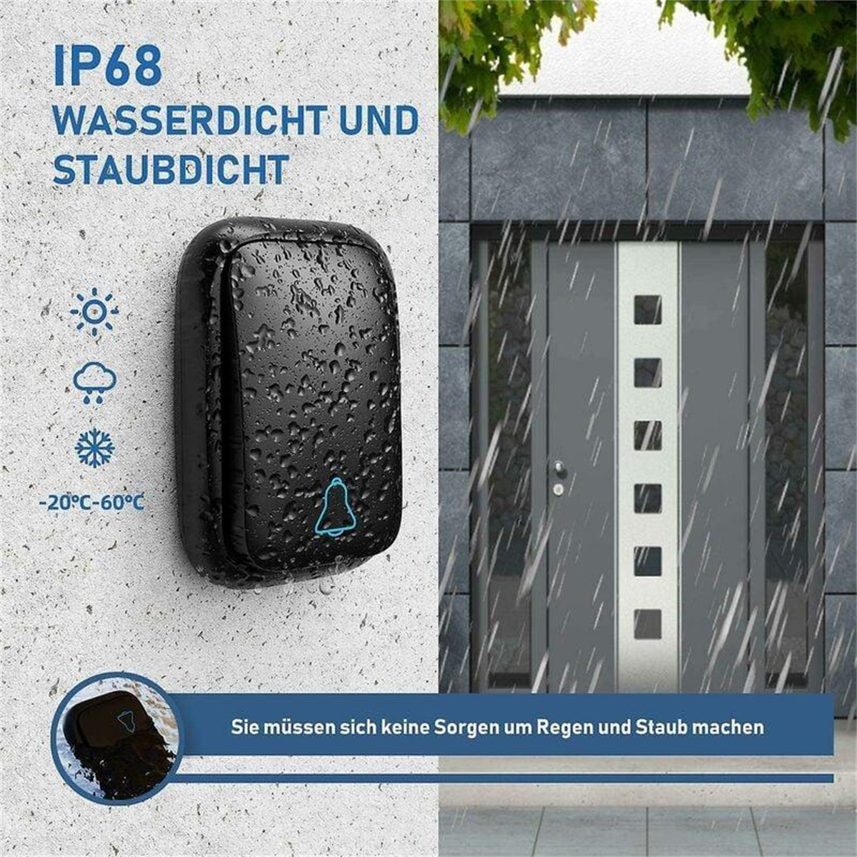 Schwarze Türklingel mit Regen- und Schnee-Symbolen, Text über wasserdichte und staubdichte Eigenschaften.