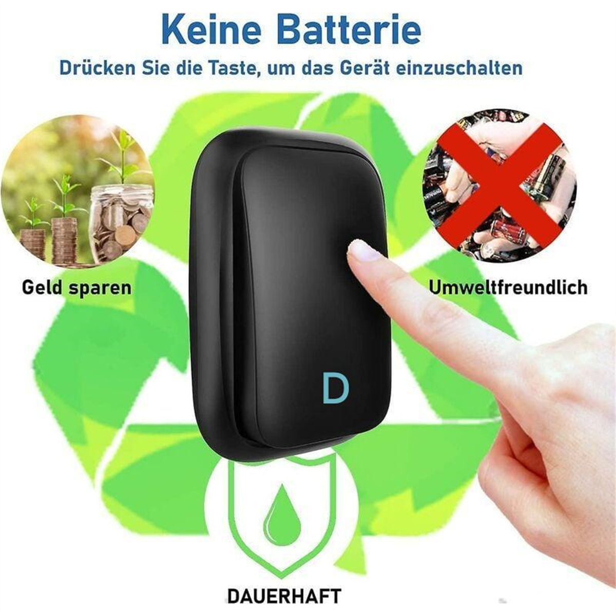 Schwarzes Gerät, mit Text 'Keine Batterie'. Grafiken zeigen Geld, Umweltschutz und Langlebigkeit.