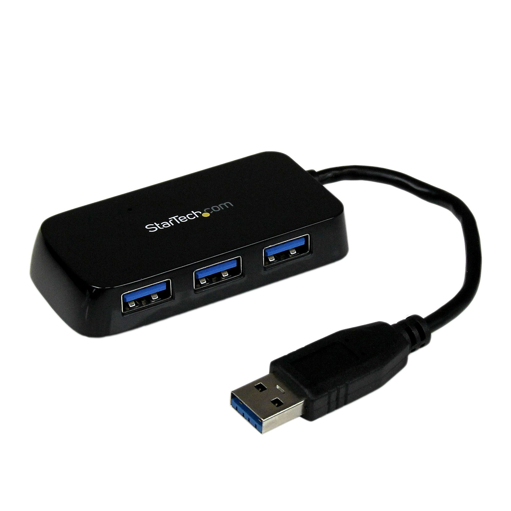 Ein schwarzer USB-Hub mit drei USB-Anschlüssen und einem Anschlusskabel.