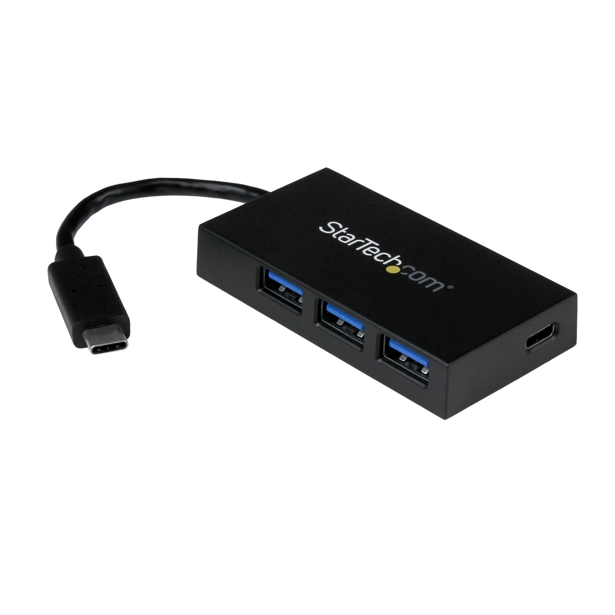 Hub USB nero con tre porte USB e connettore USB-C.
