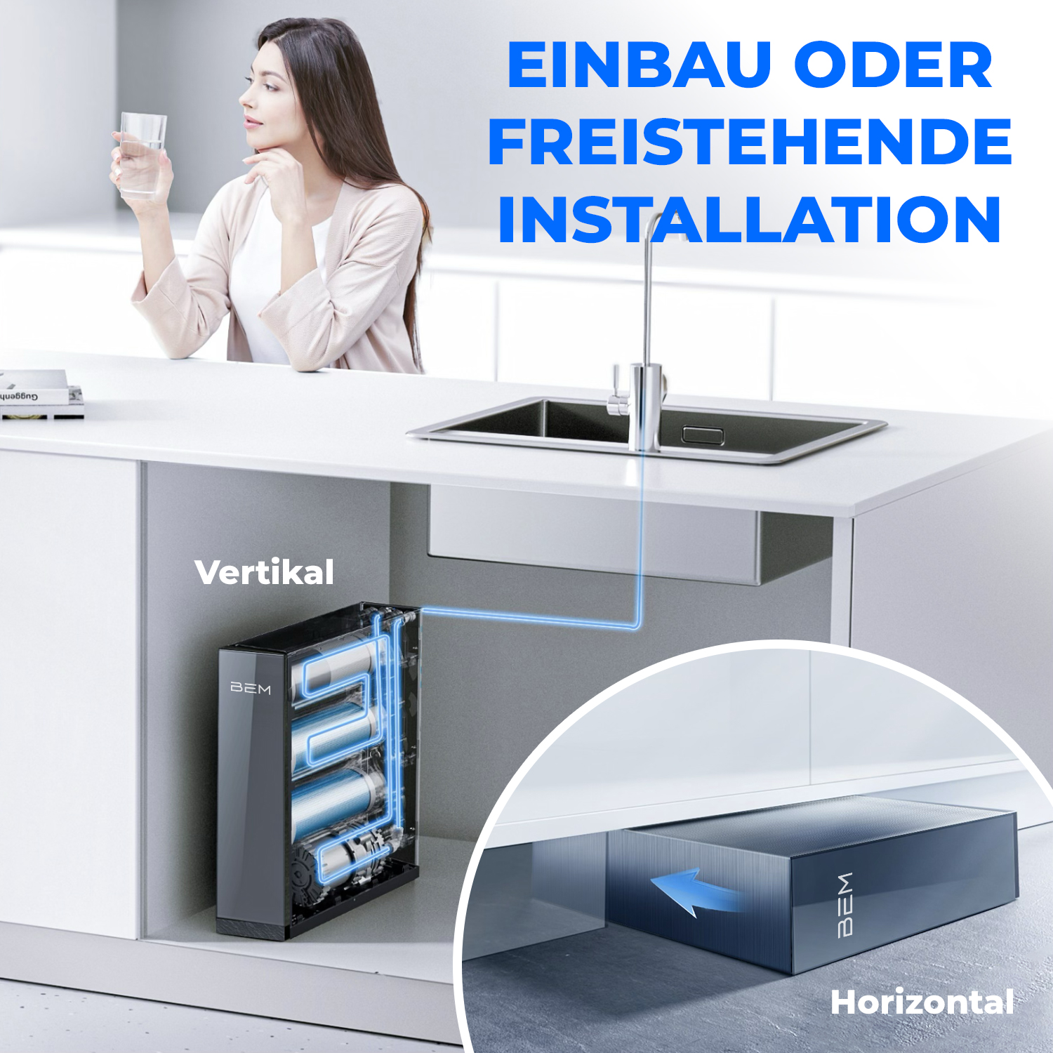 Frau mit Wasserglas in der Nähe der Kücheninsel, Text über Installationsoptionen, vertikaler und horizontaler Wasserfilter.