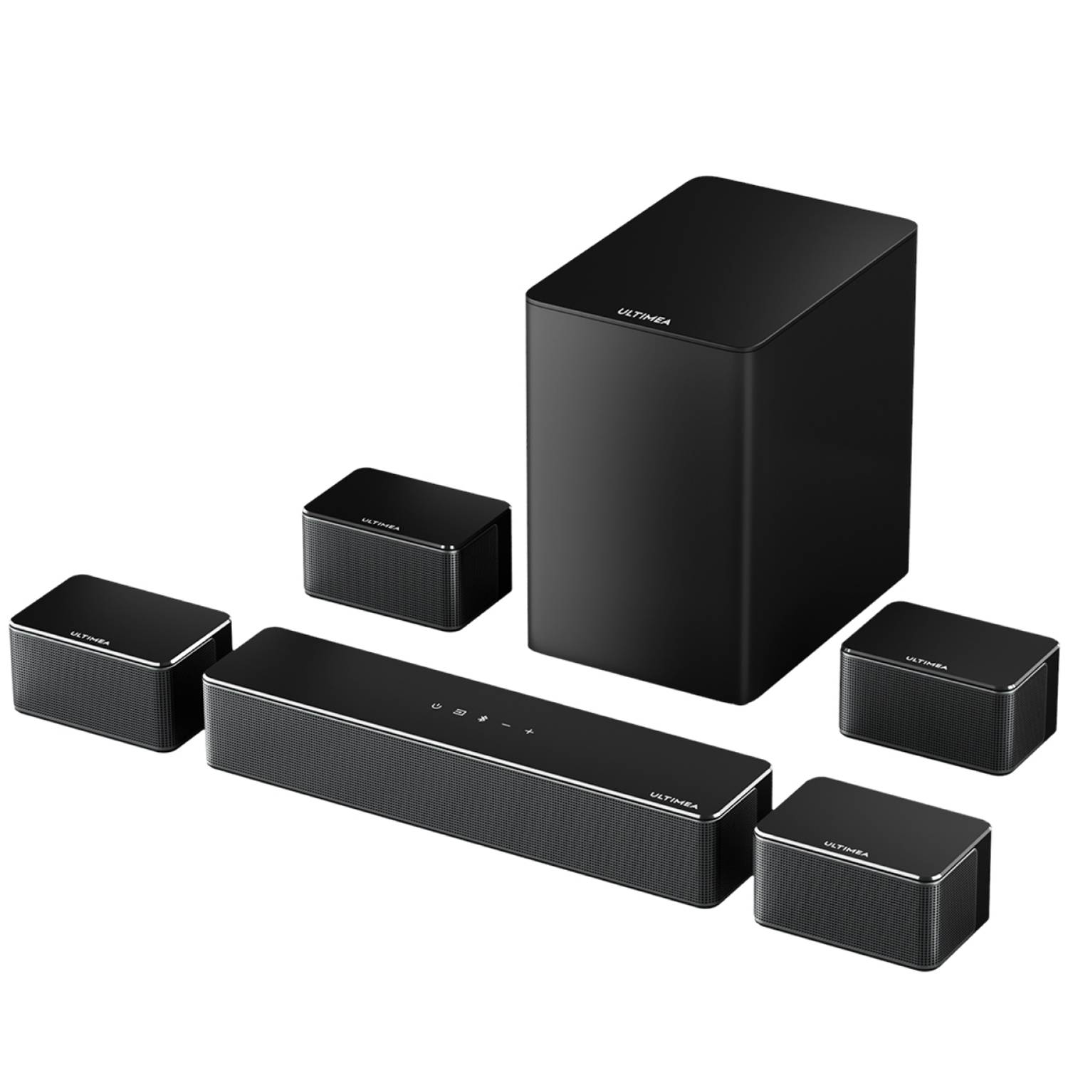 Schwarzes Ultimea-Soundsystem-Set mit Subwoofer und fünf kleinen Lautsprechern.