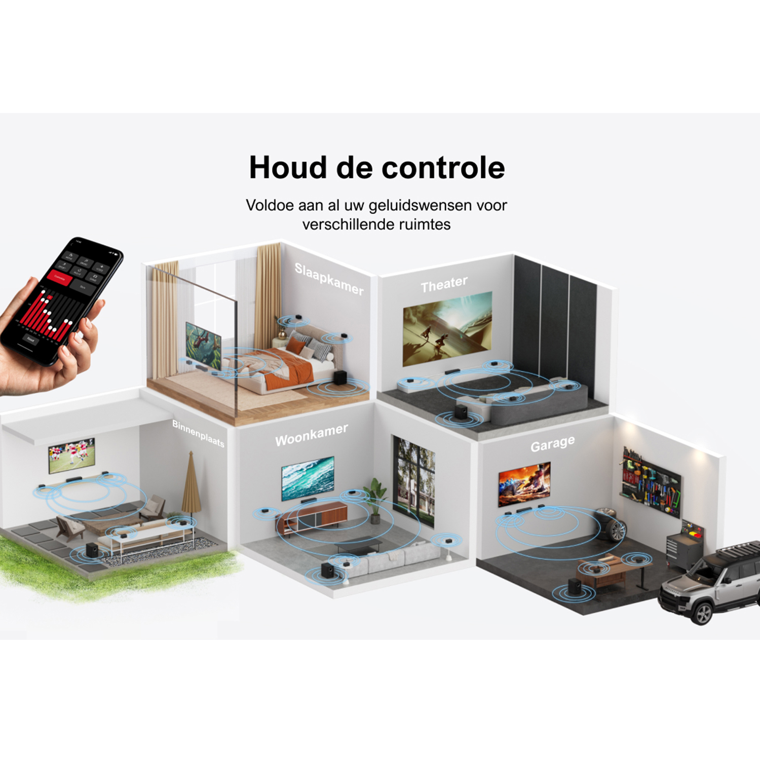 Diagram of rooms with audio setups controlled by a smartphone. White background.