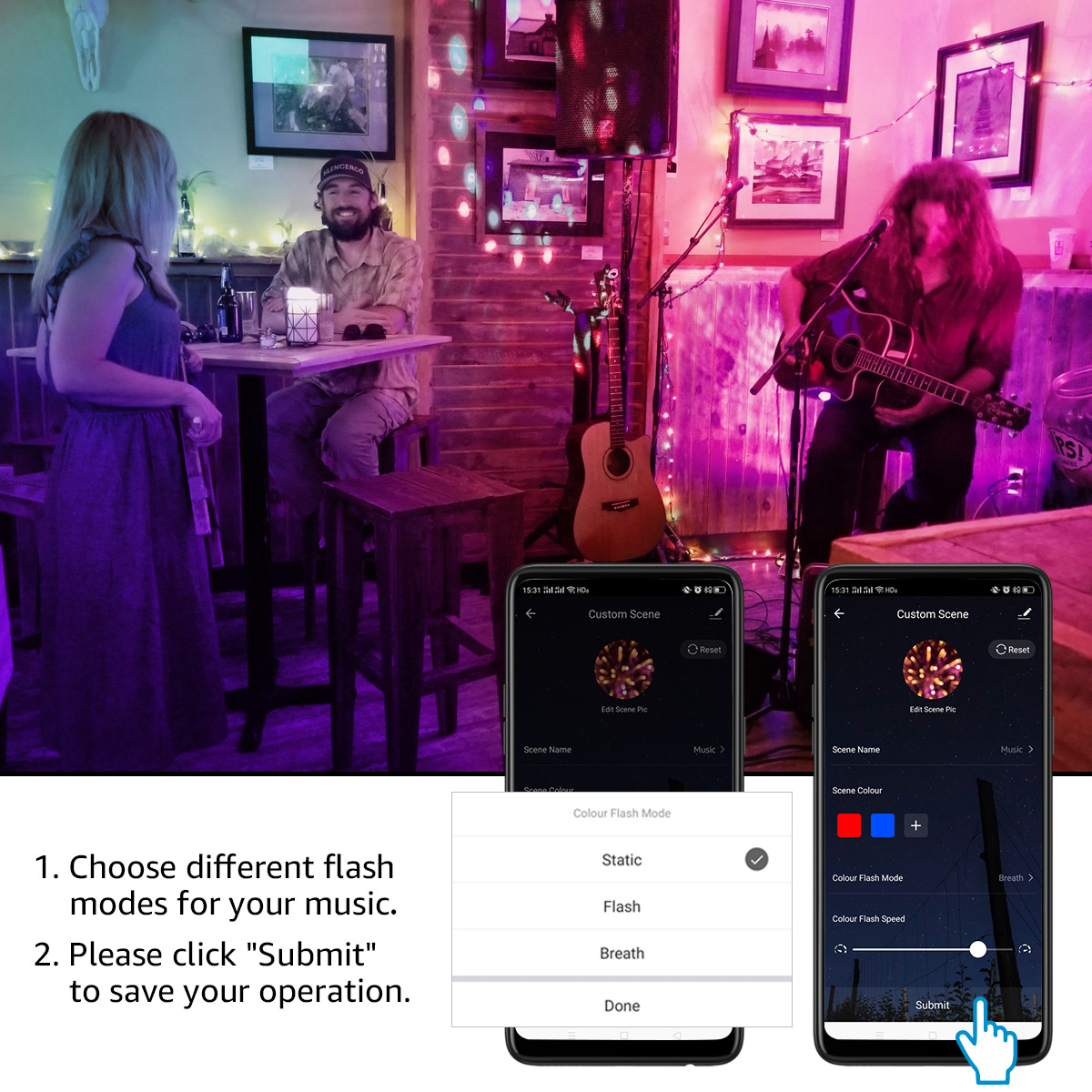 Leute in einer Bar, zwei Telefone zeigen App-Oberfläche, Text und Symbole.