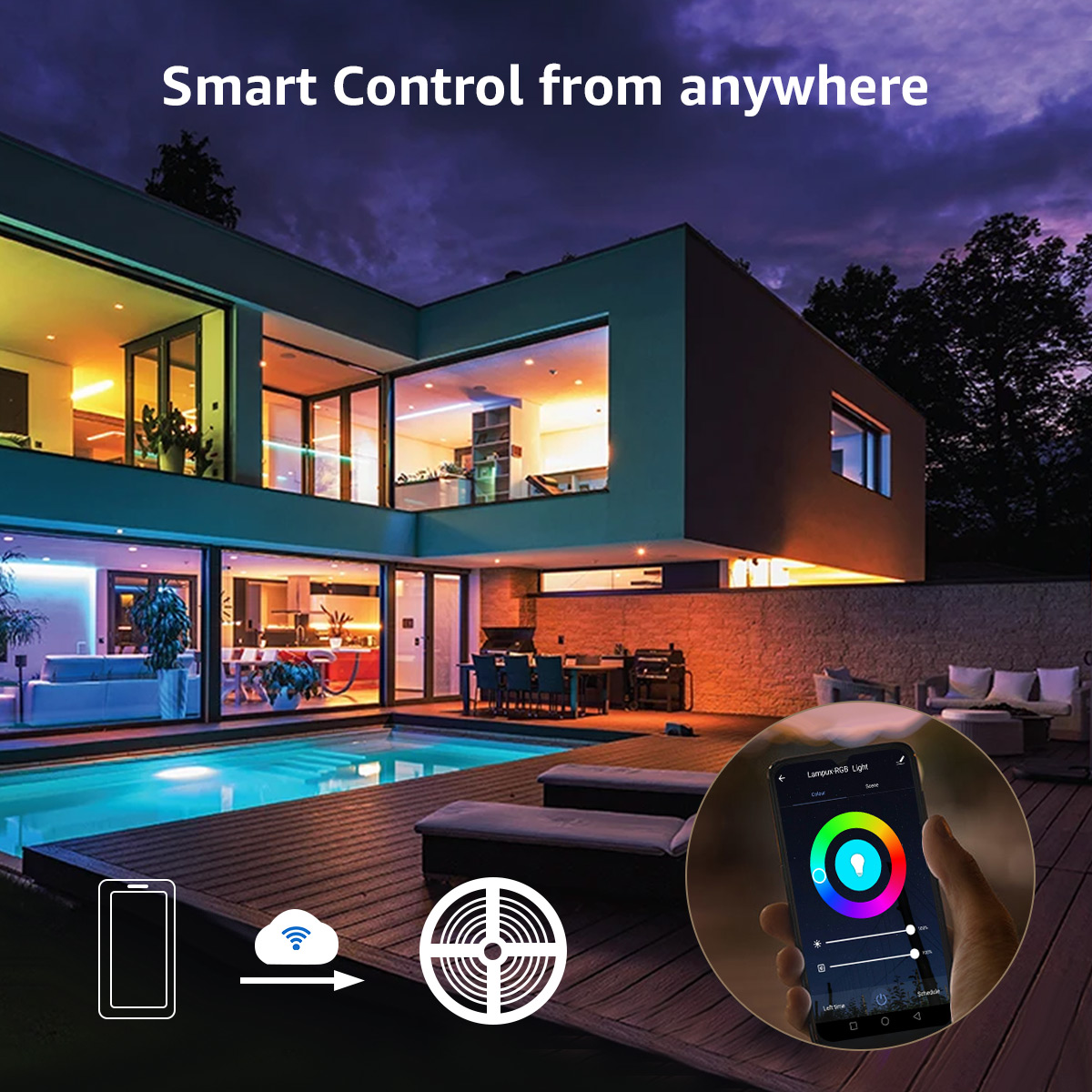 Smart Home Steuerung. Haus im Hintergrund mit bunten Lichtern, Pool und Smartphone.