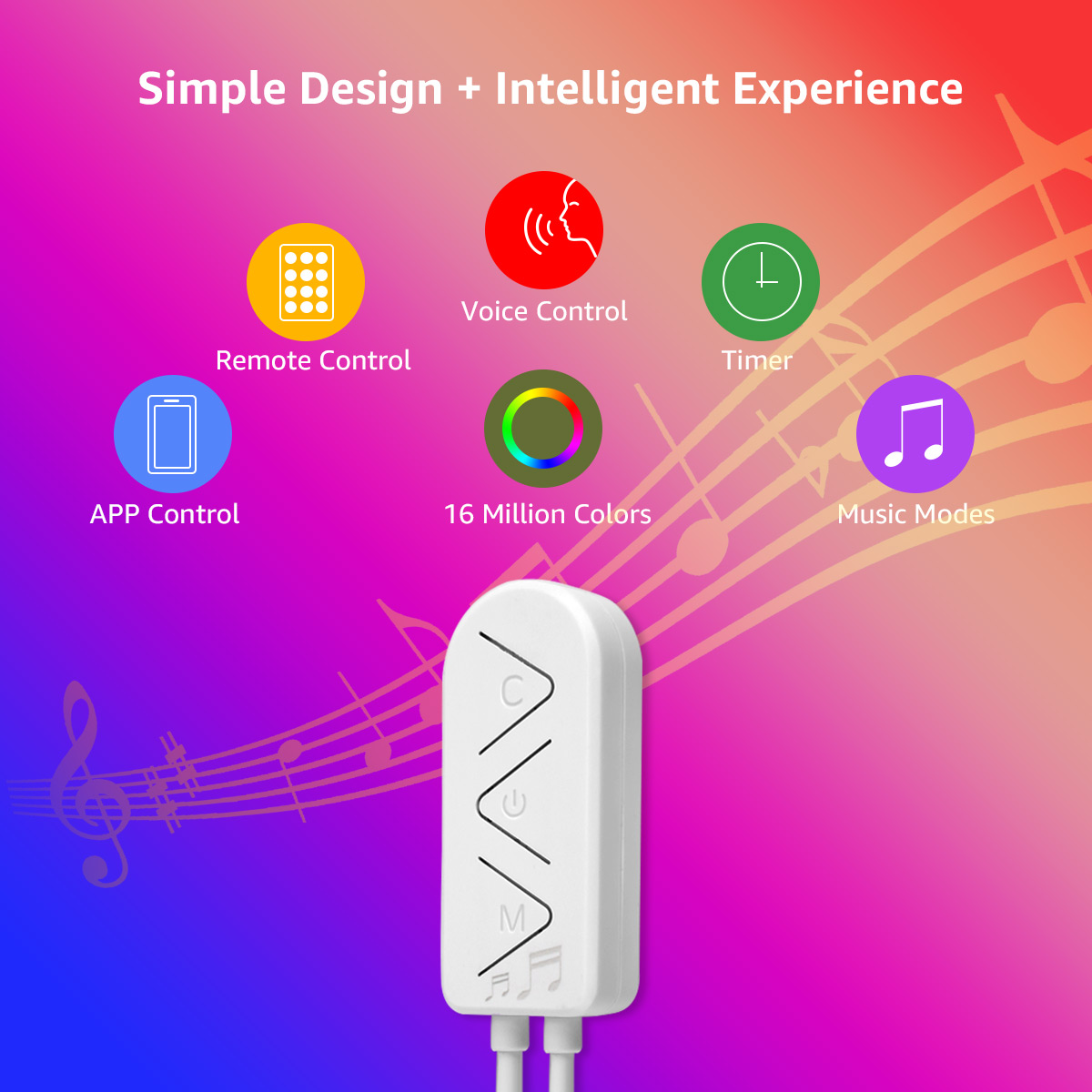Grafiken, die App- und Fernbedienung, Sprachsteuerung, Timer und Musikmodi zeigen.