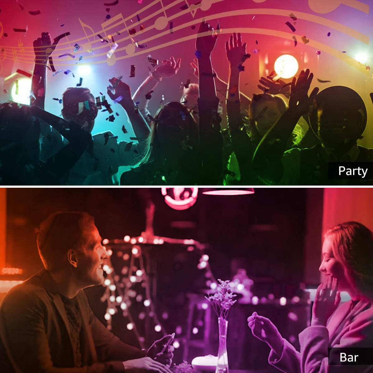 Zwei Szenen: eine Party mit tanzenden Leuten und eine Barszene mit einem Paar.