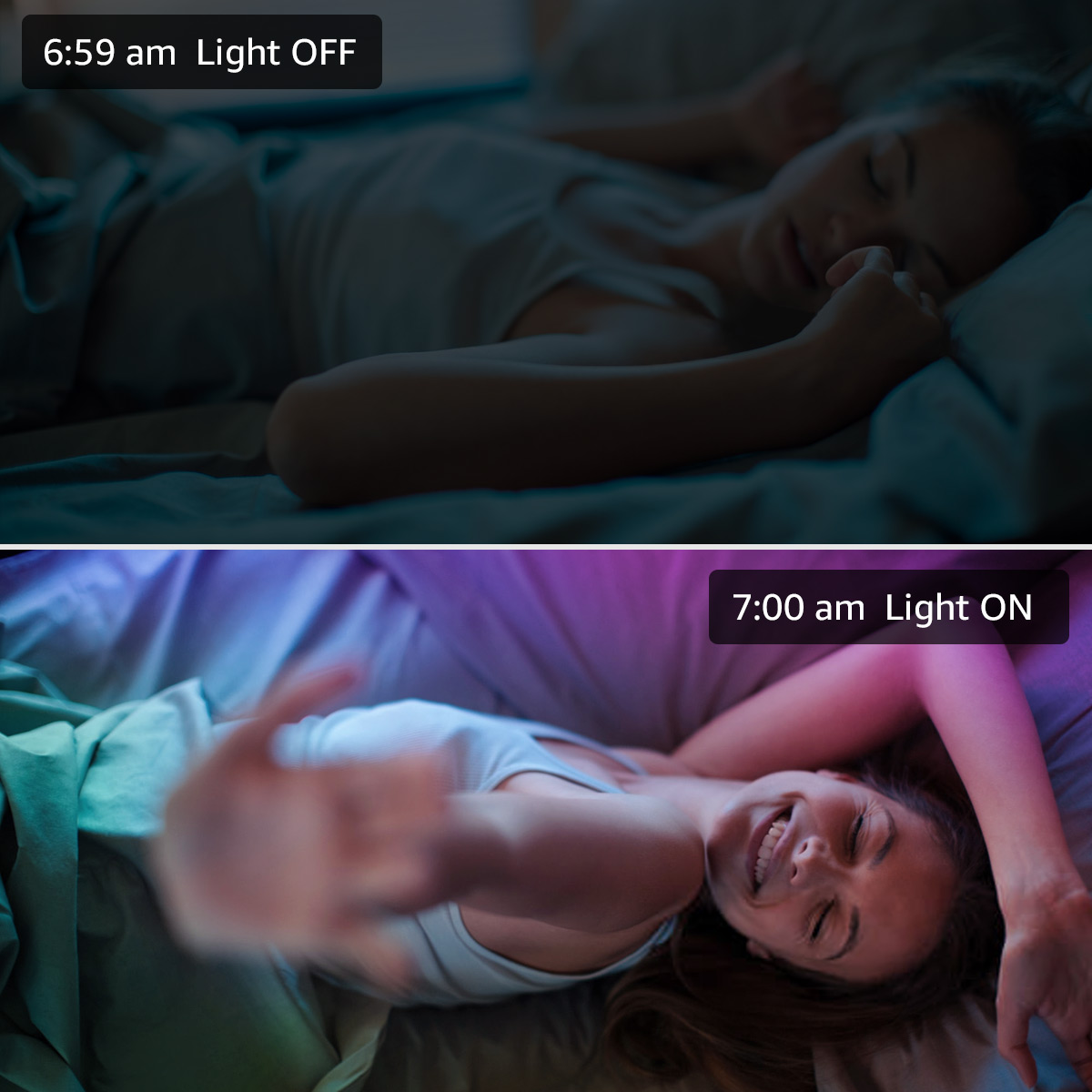 Zwei Bilder: eine schlafende Frau im Bett (6:59 Uhr) und dann wach, lächelnd, mit eingeschaltetem Licht (7:00 Uhr).