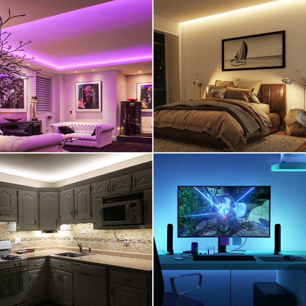Vier Bilder: Räume mit mehrfarbigen LED-Leuchten und einem Computer-Setup.