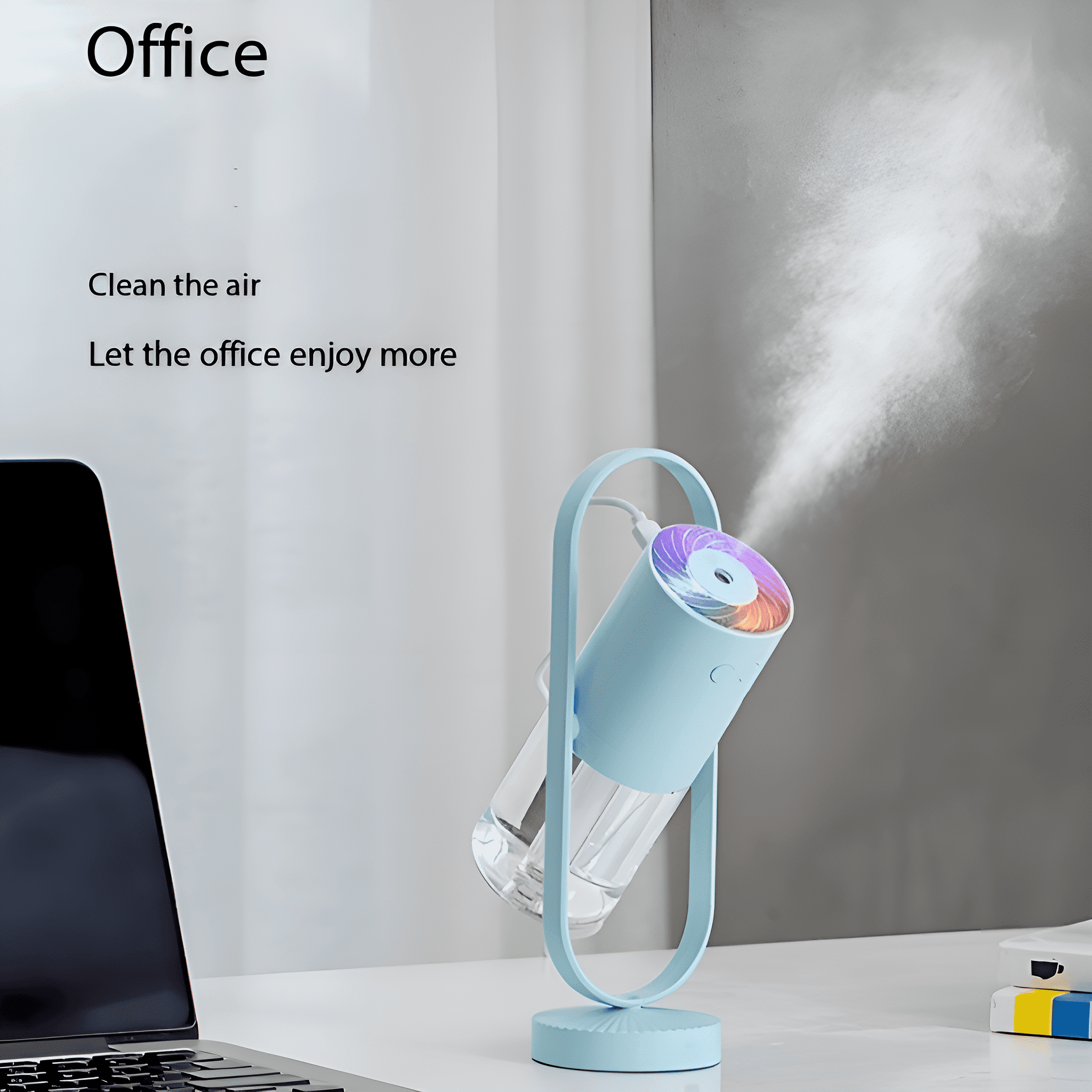 Blau-weißer Büro-Luftbefeuchter mit Wasserdampf und Laptop.