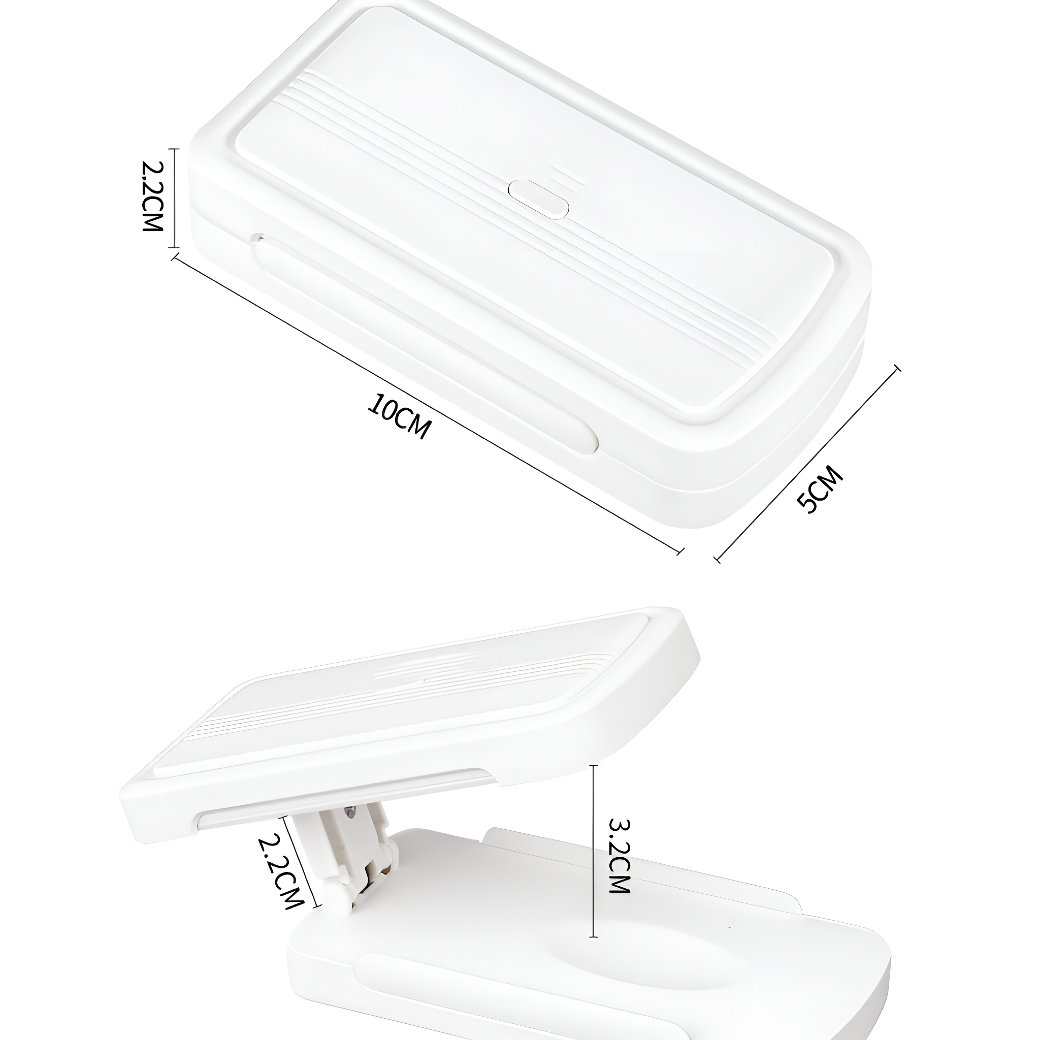Weißer rechteckiger Koffer mit den Maßen 10 cm, 5 cm und 2,2 cm. Geöffneter Koffer zeigt 3,2 cm.
