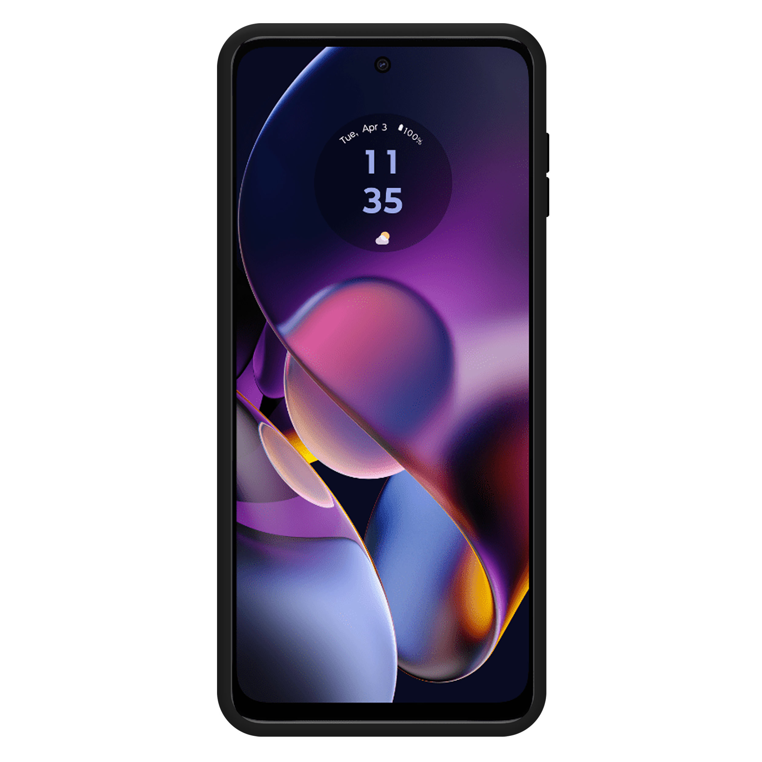 Ein Smartphone, das einen farbenfrohen, abstrakten Hintergrund anzeigt. Das Telefon befindet sich in einer schwarzen Hülle auf schwarzem Hintergrund.