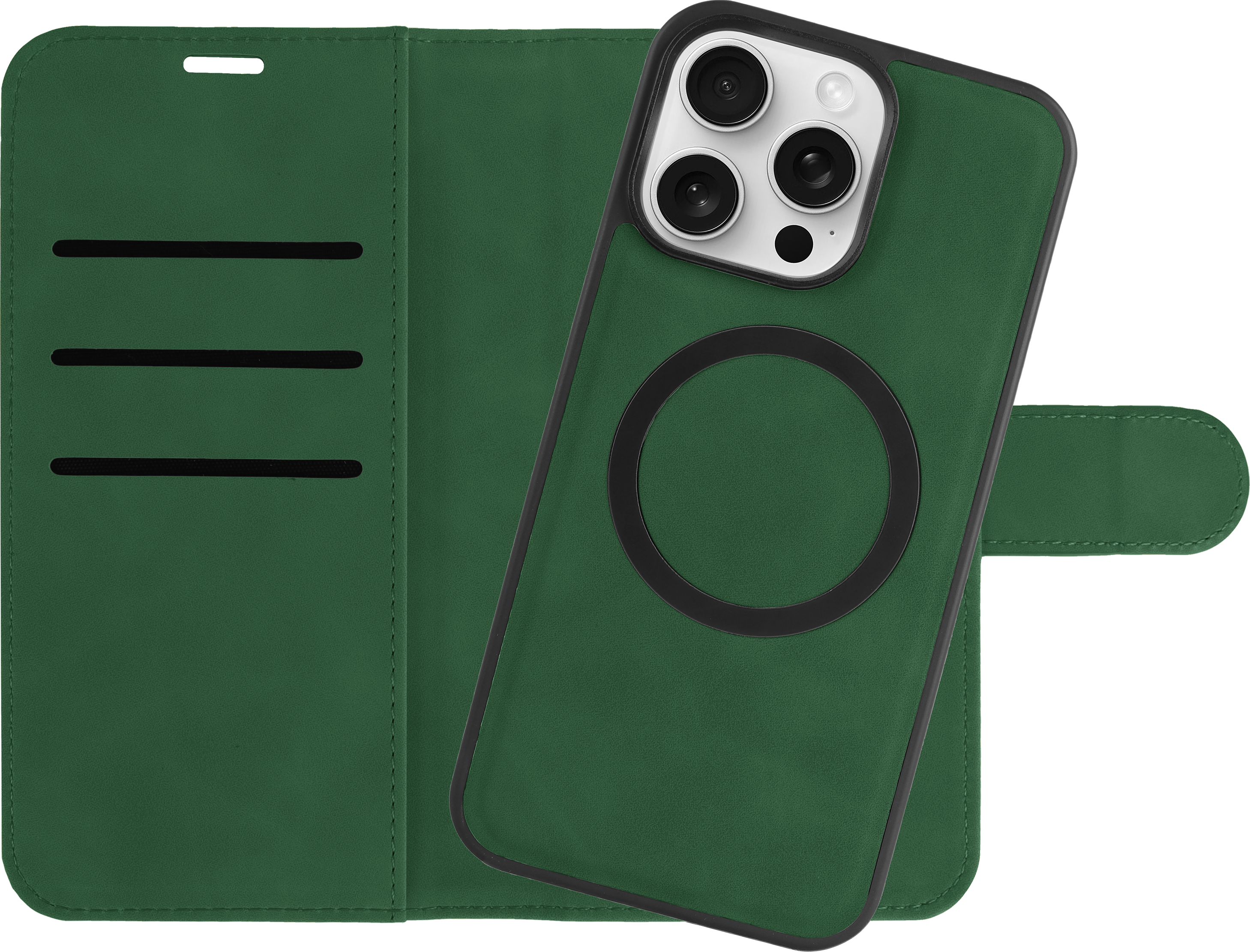 Eine grüne Handyhülle mit Lederstruktur und schwarzem Kameraring. Das Telefon ist dunkelgrün.