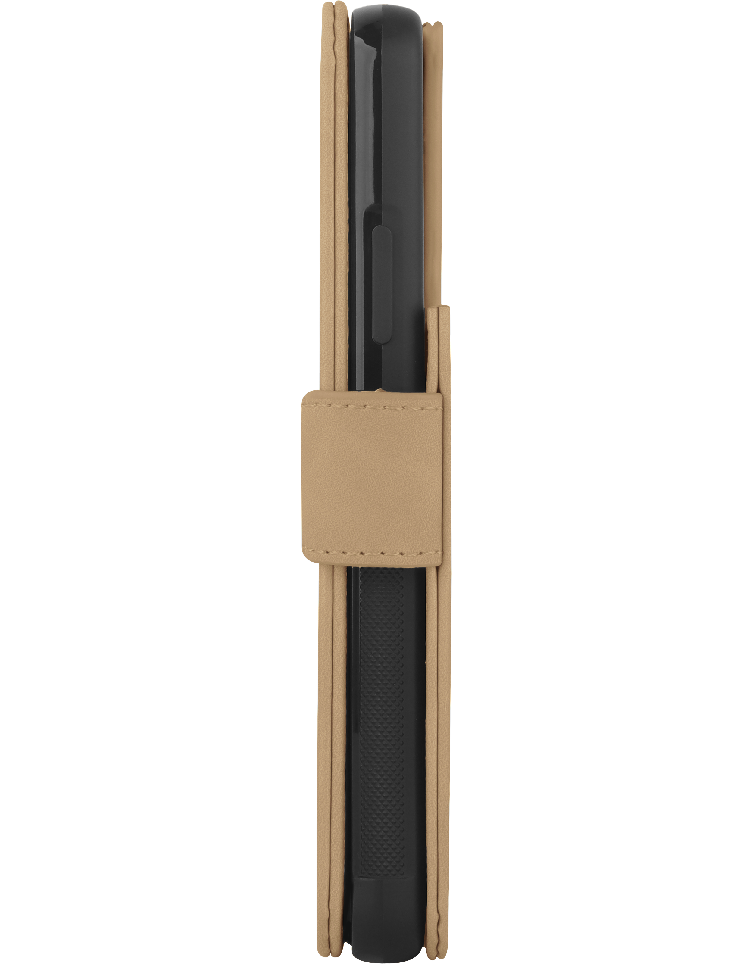 Telefon in einer hellbraunen Ledertasche, Seitenansicht, schwarzer Hintergrund.