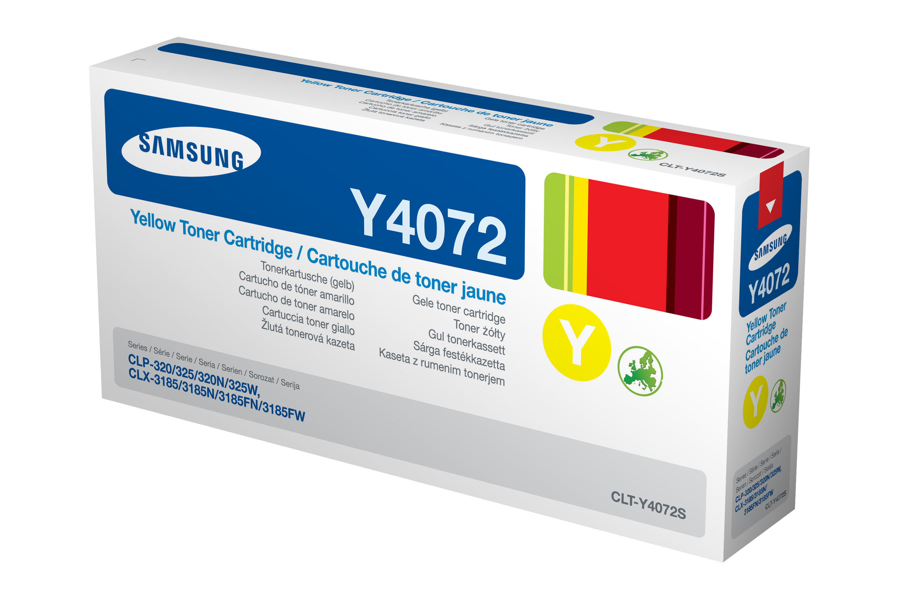 Una scatola bianca di toner Samsung, con dettagli gialli. La scatola è su una superficie bianca.