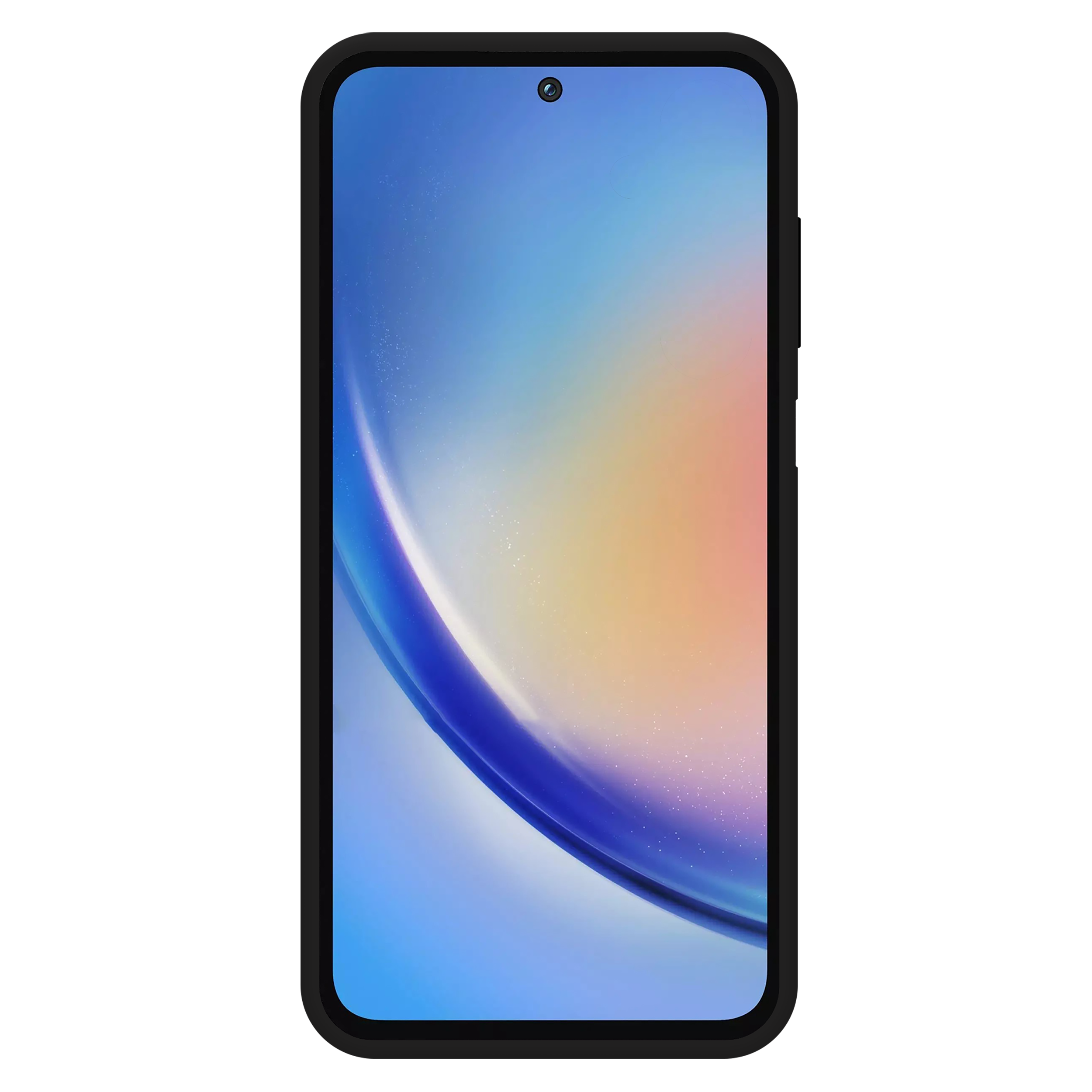 Ein schwarzes Smartphone mit einem hellen Bildschirm, der einen bunten Hintergrund zeigt, auf einer schwarzen Oberfläche.