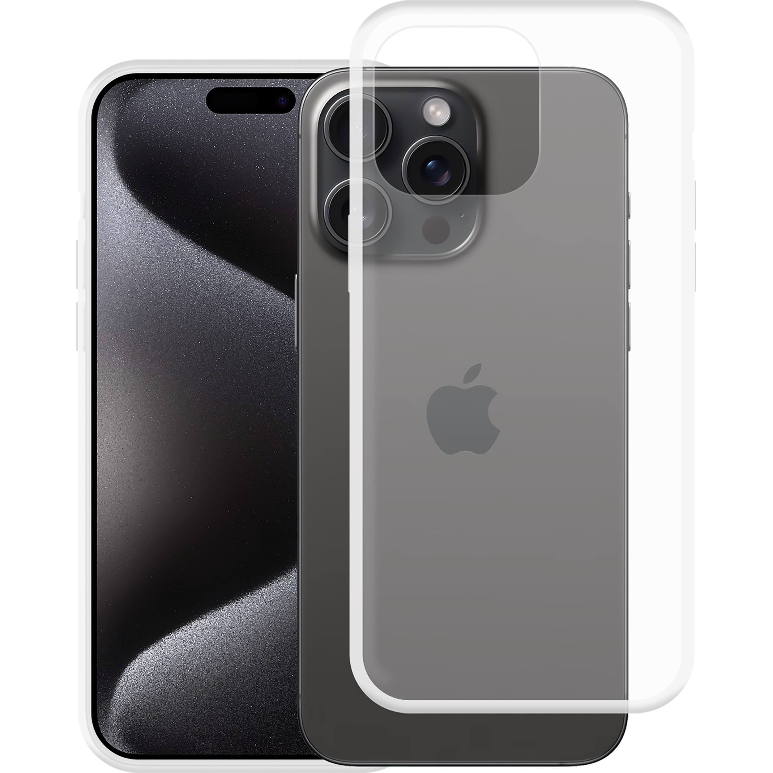 Smartphone mit transparenter Hülle. Das Telefon hat drei Kameras und einen weißen Rahmen. Schwarzer Hintergrund.