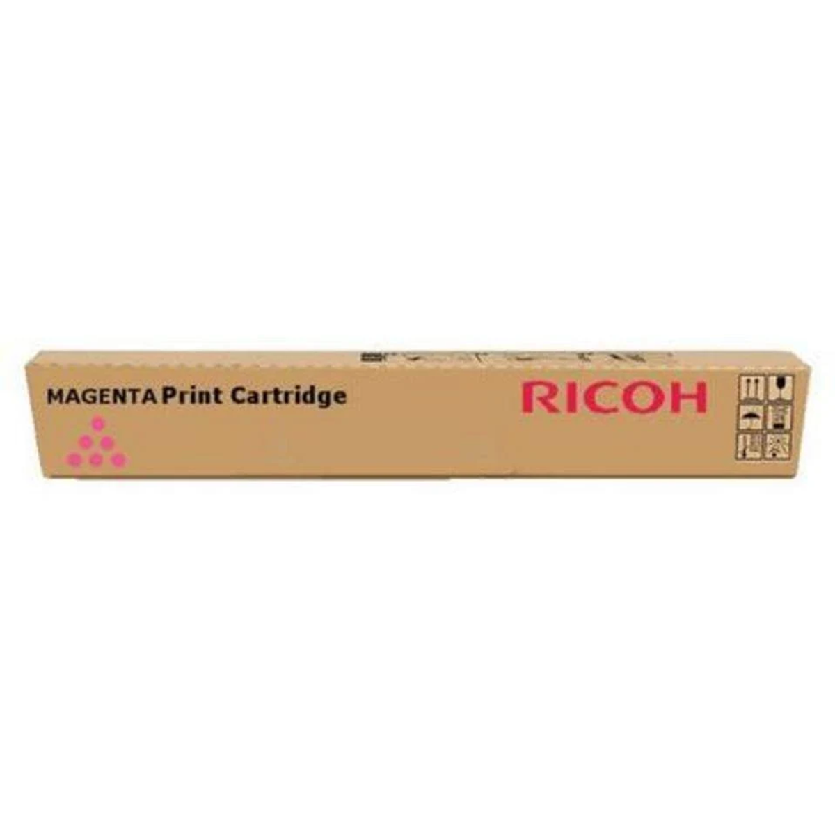 Bruine magenta printcartridge doos met het merk RICOH erop geschreven.