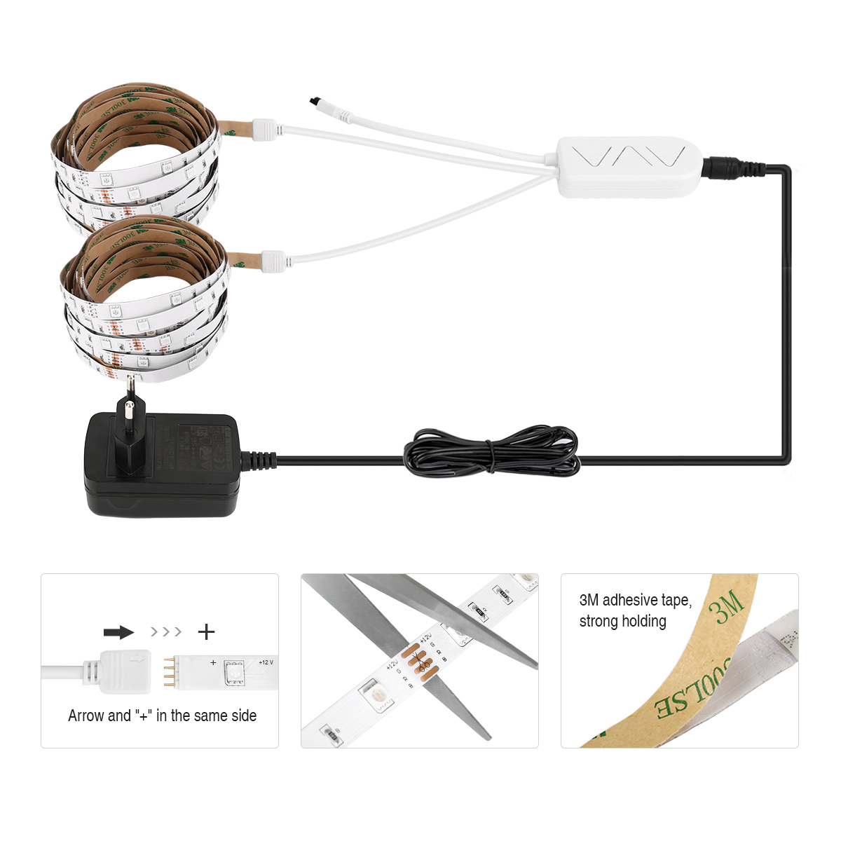 LED-Streifen mit Netzteil, Stecker und Anweisungen zum Zuschneiden.
