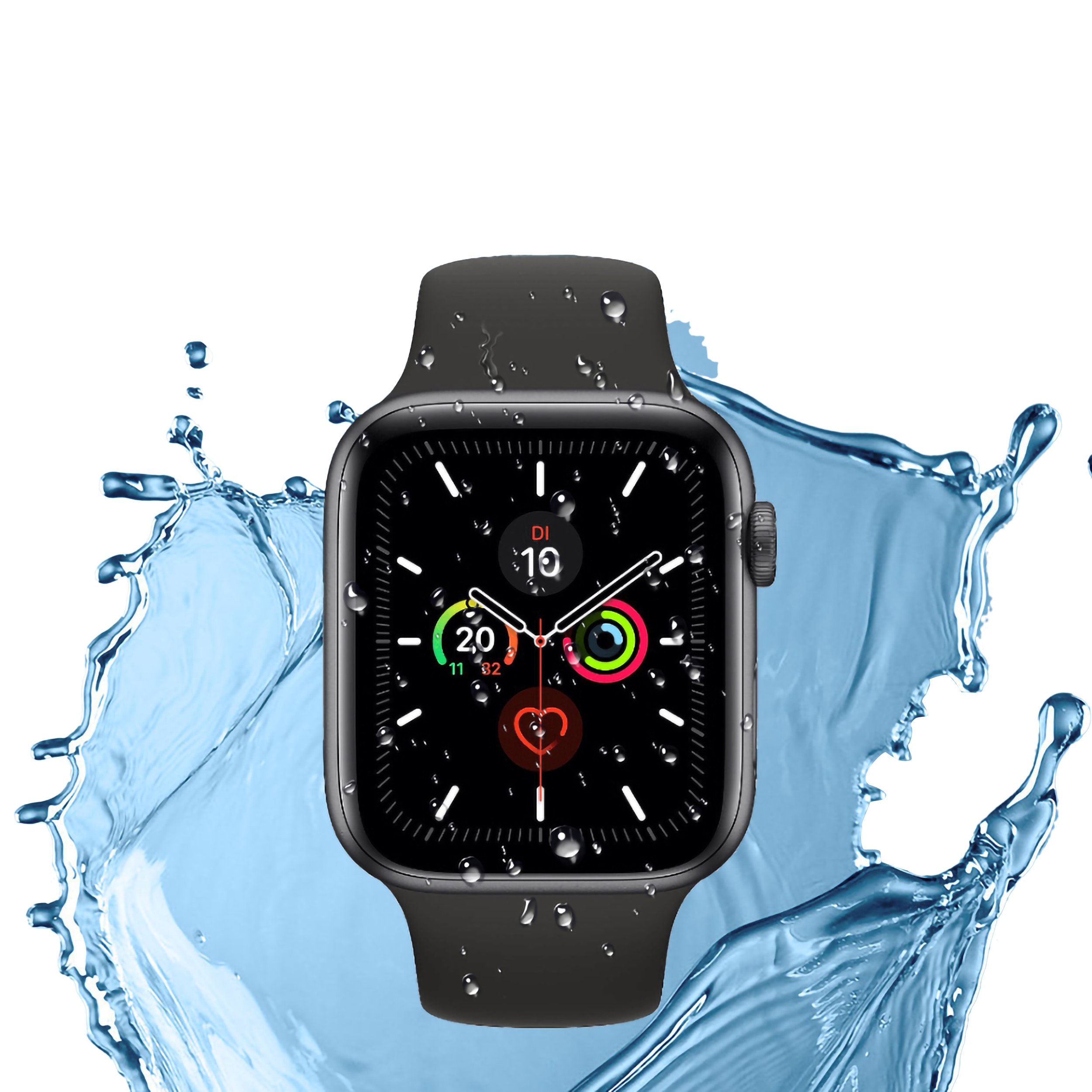 Eine schwarze Smartwatch mit spritzendem Wasser vor weißem Hintergrund.