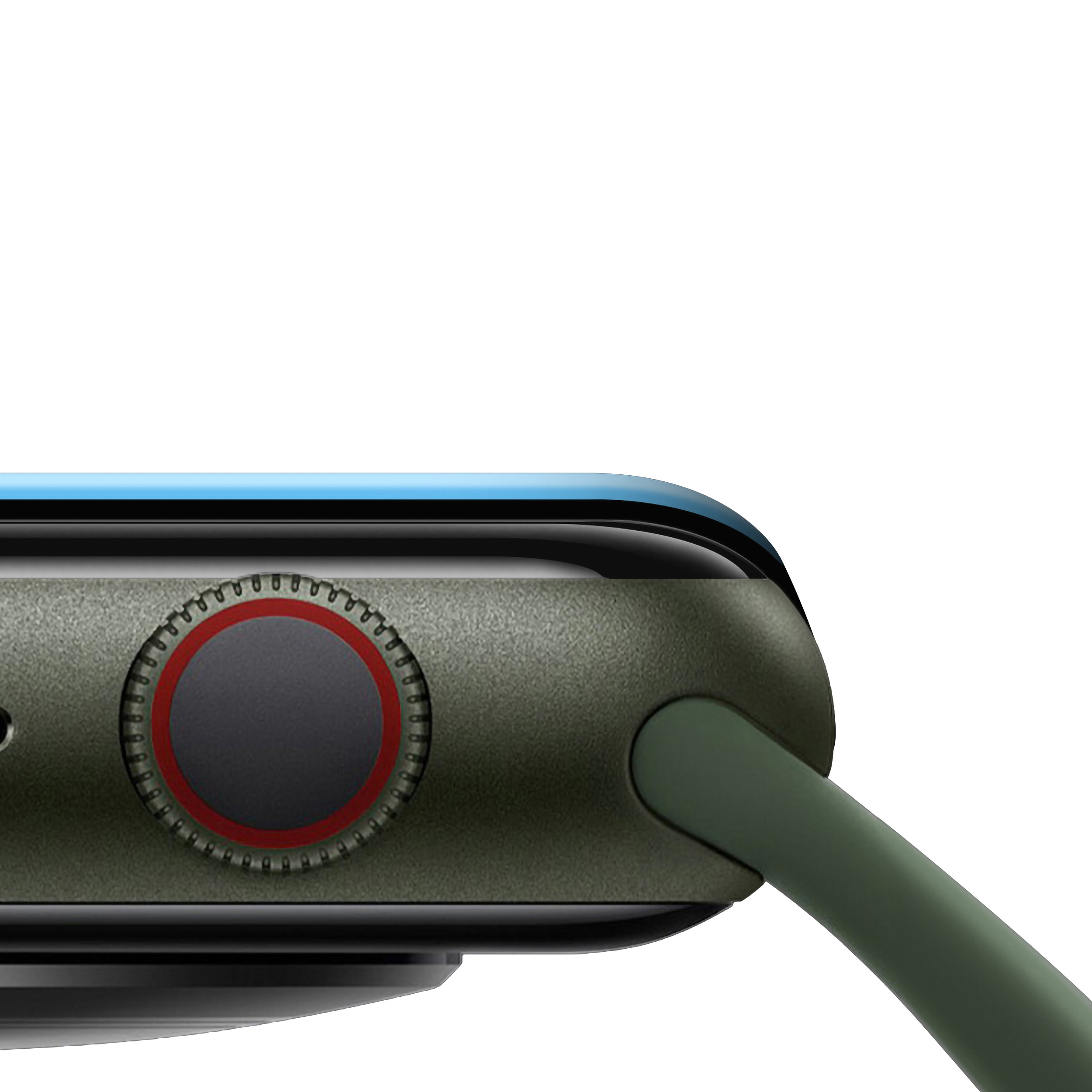 Nahaufnahme einer Smartwatch mit grünem Armband und roter Taste.