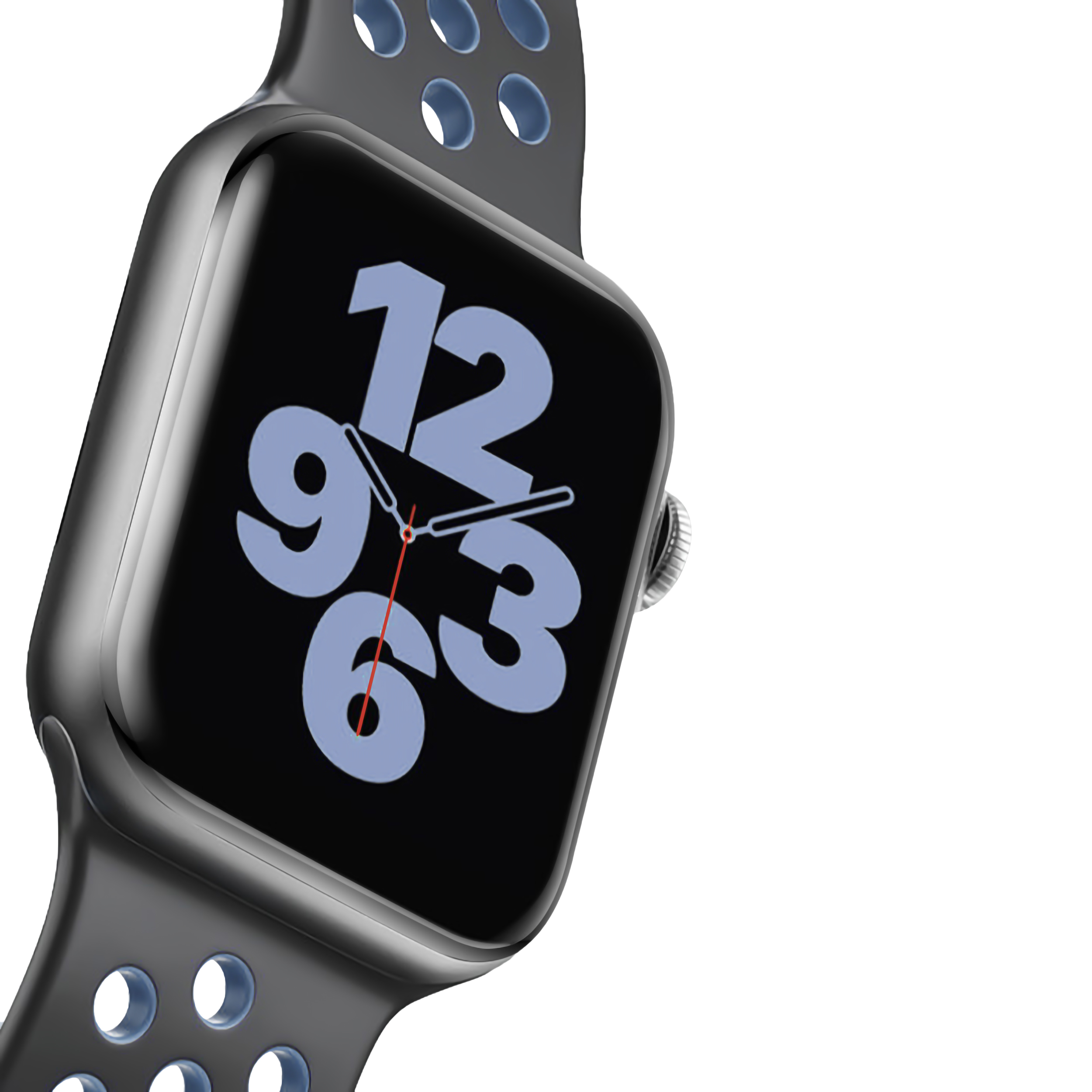 Smartwatch mit schwarzem Armband und blauen Akzenten. Bildschirm zeigt Uhrzeit.