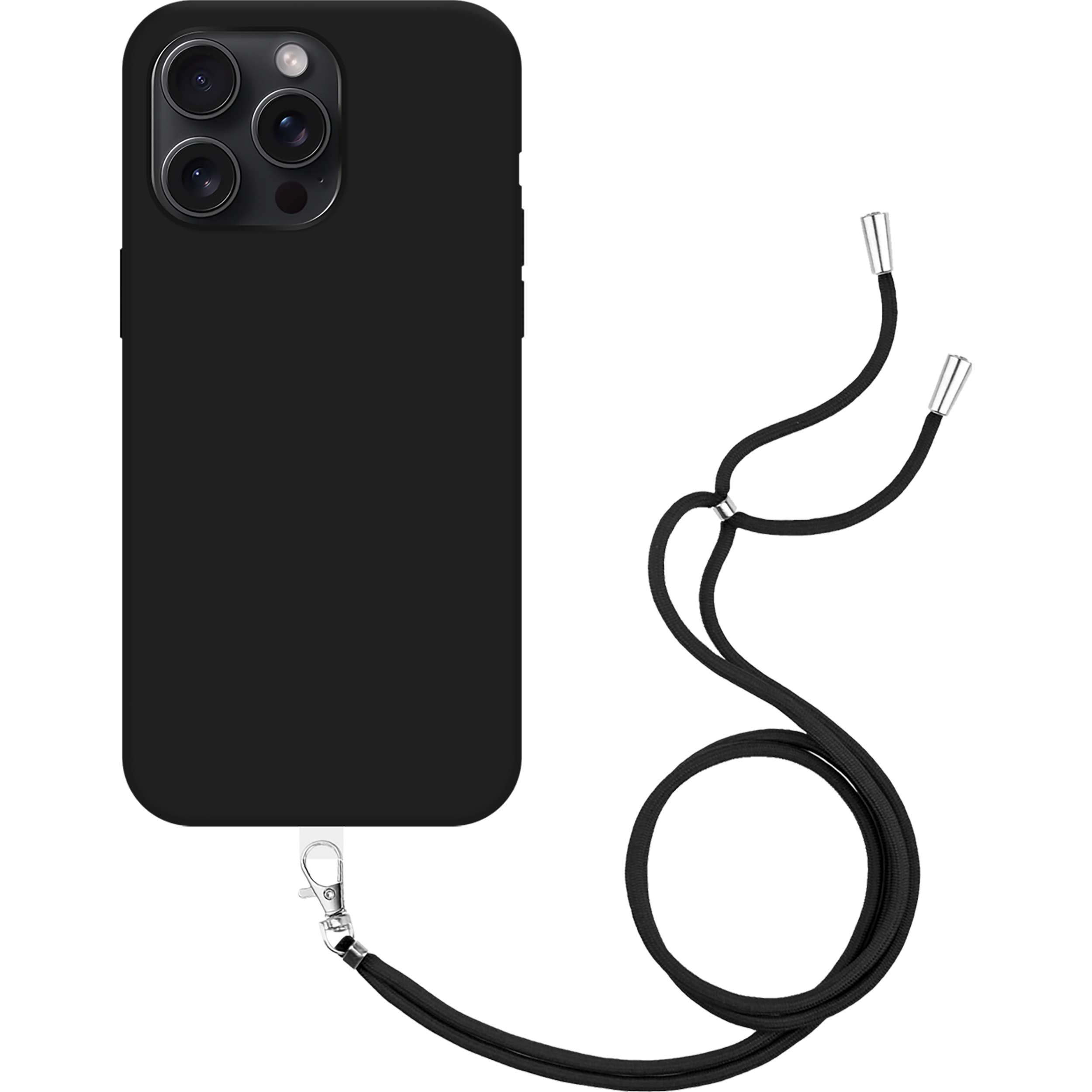 Eine schwarze Handyhülle mit schwarzem Riemen. Das Telefon ist schwarz und der Riemen hat Metallenden.
