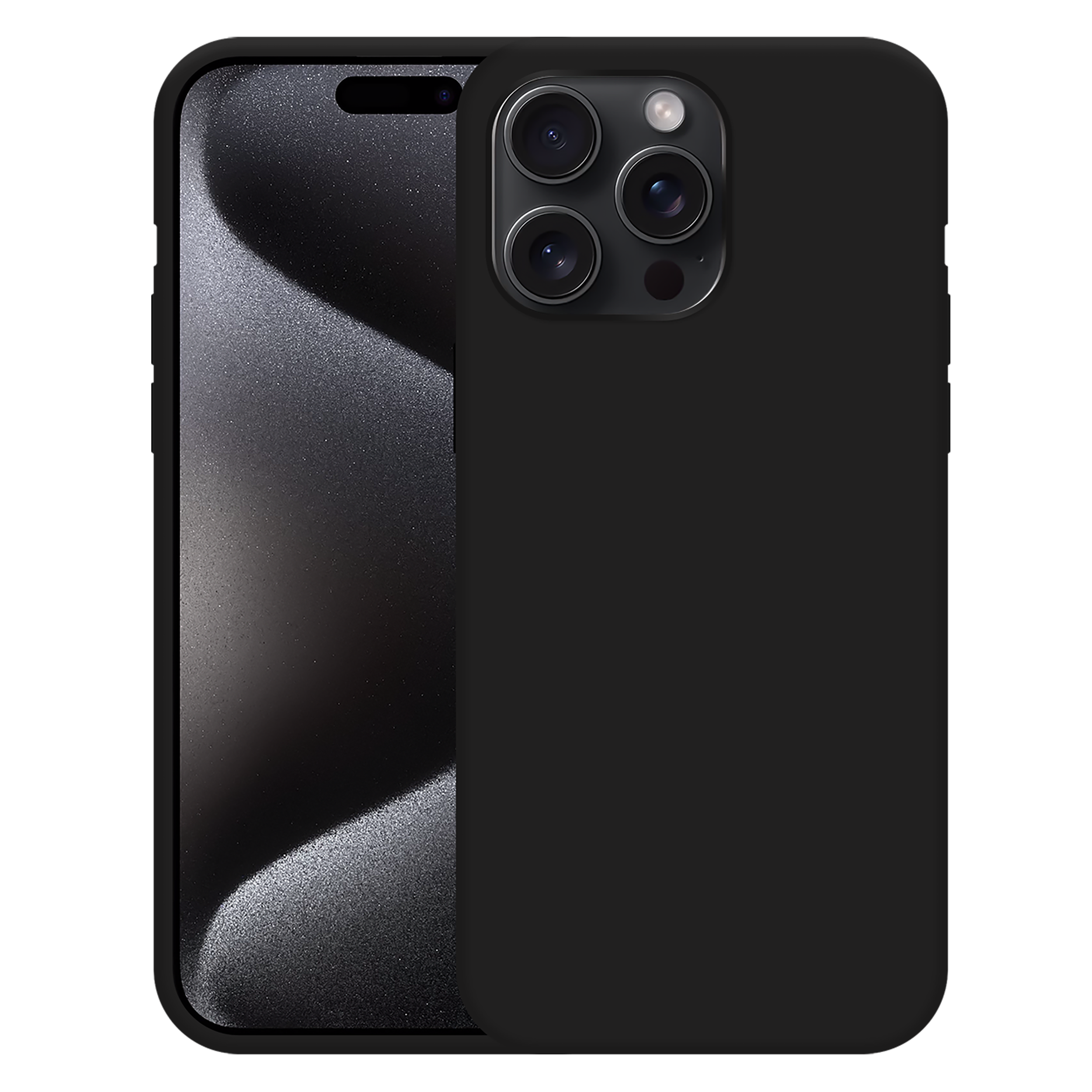 Eine schwarze Handyhülle auf schwarzem Hintergrund, die ein Telefon mit Kameras zeigt.