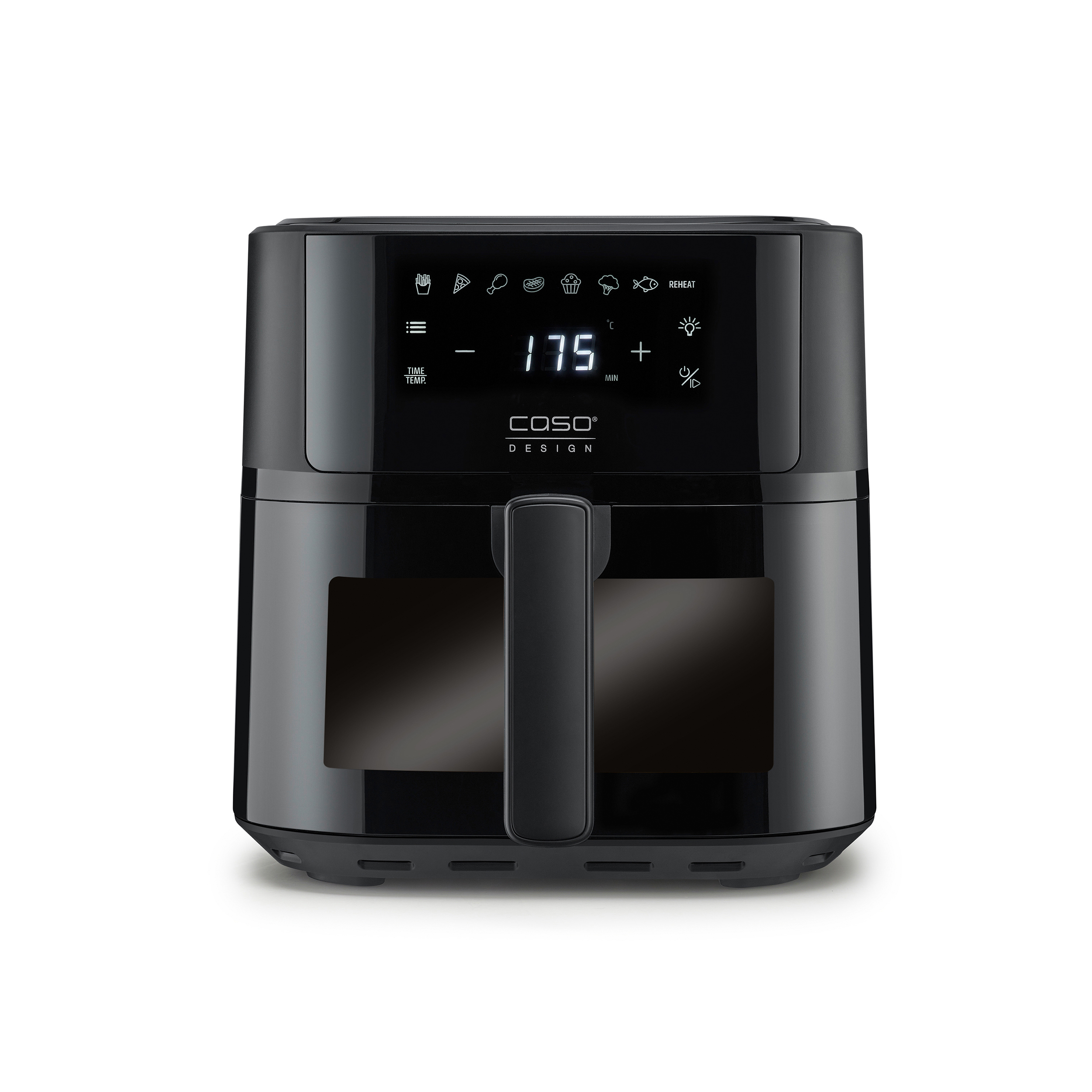 Friggitrice ad aria nera con display digitale. Mostra temperatura e opzioni. La maniglia è nera.