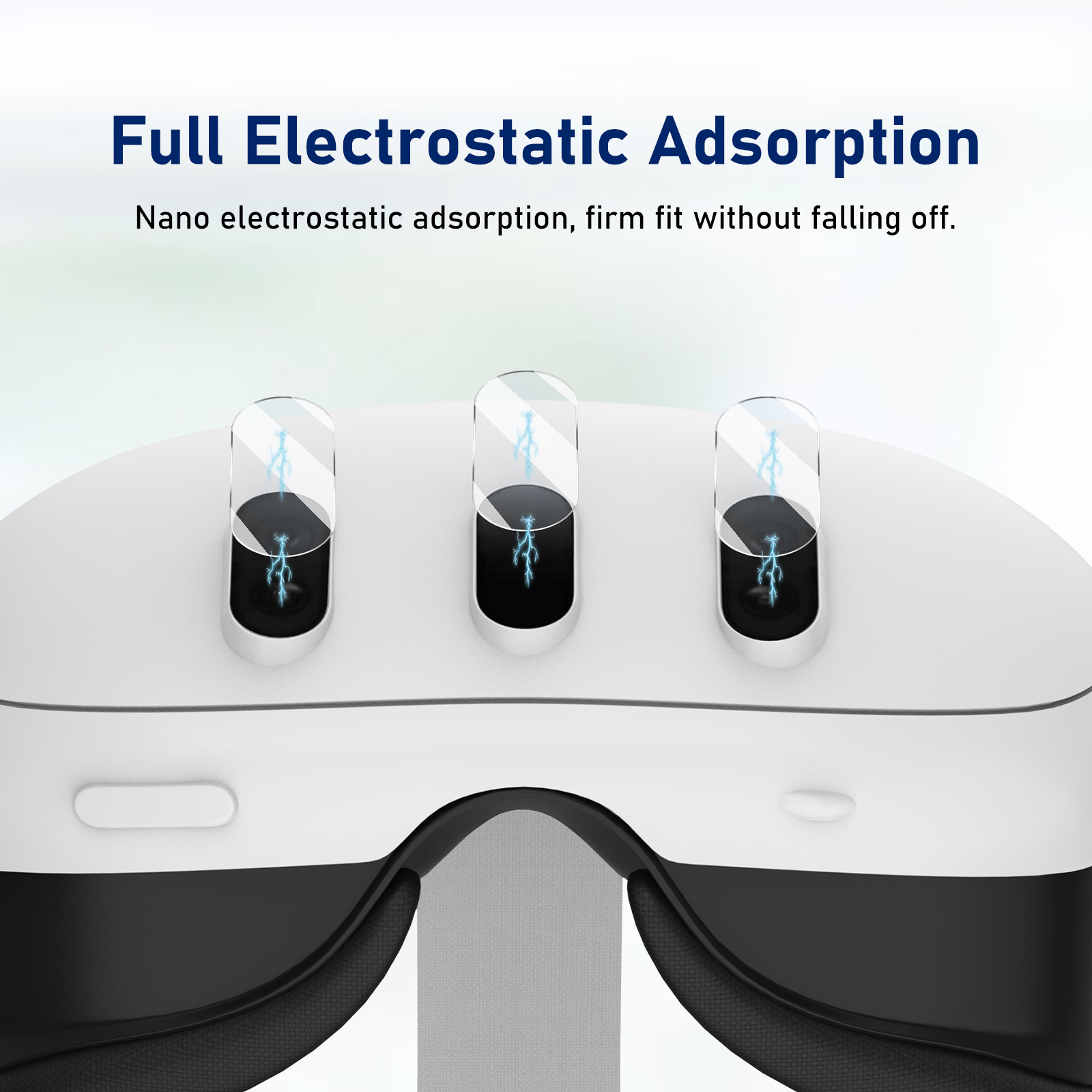 VR-Headset mit Funktionen wie elektrostatischer Adsorption und weißem Rahmen, schwarzem Riemen.