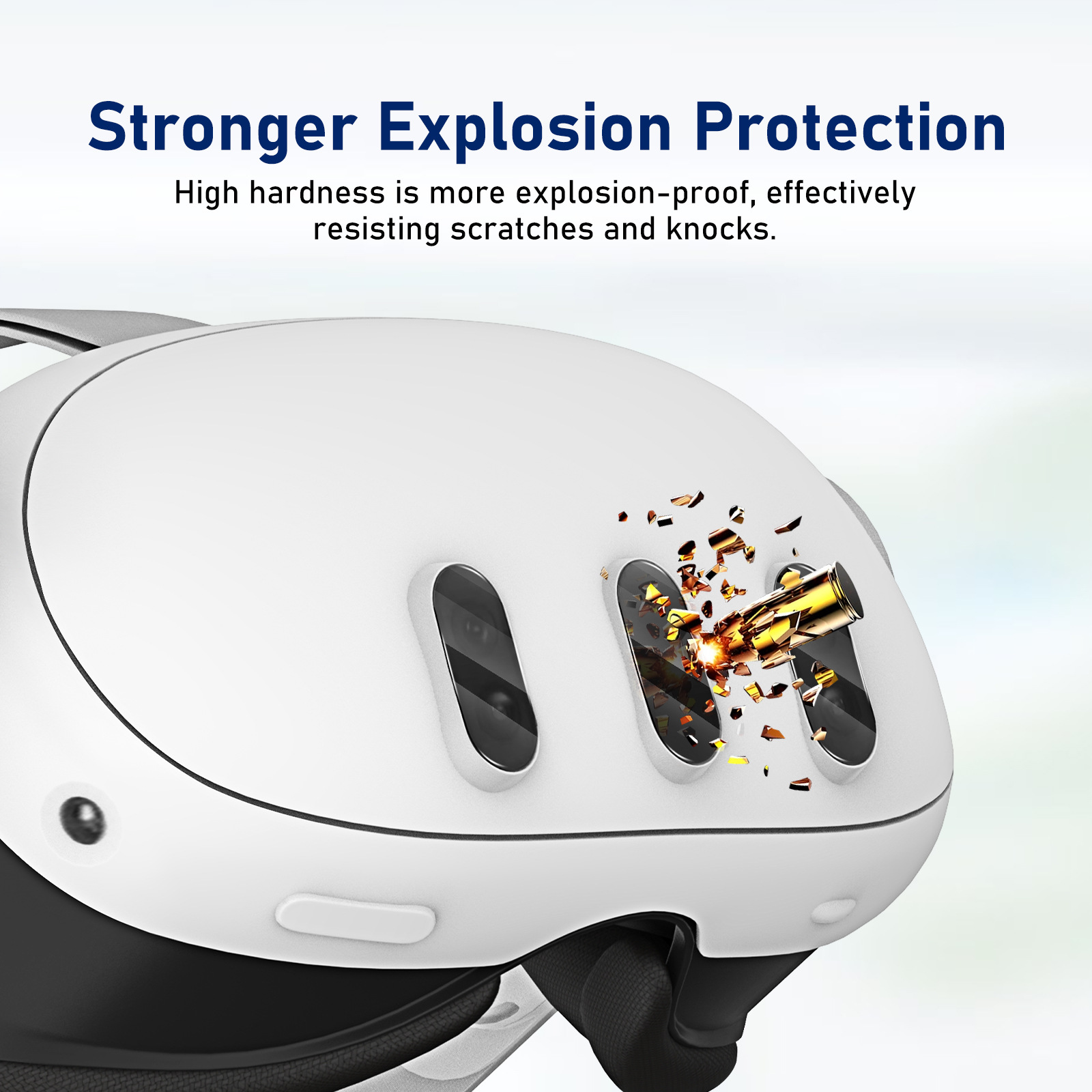 Weiße VR-Brille mit Explosionseffekt. Text: "Stärkerer Explosionsschutz".