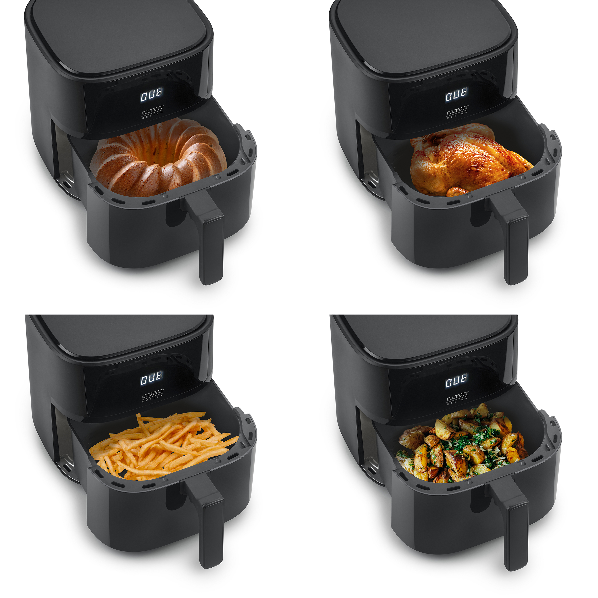 Quattro viste di una friggitrice ad aria nera con cibo: torta, pollo, patatine fritte e patate.
