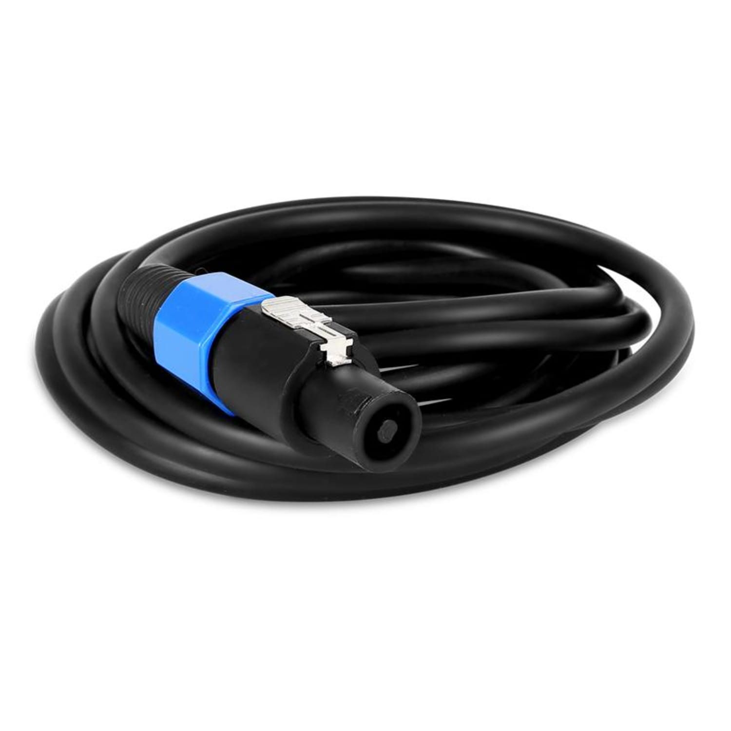 Schwarzes Audiokabel mit blauem Stecker und schwarzem Stecker, vor weißem Hintergrund.