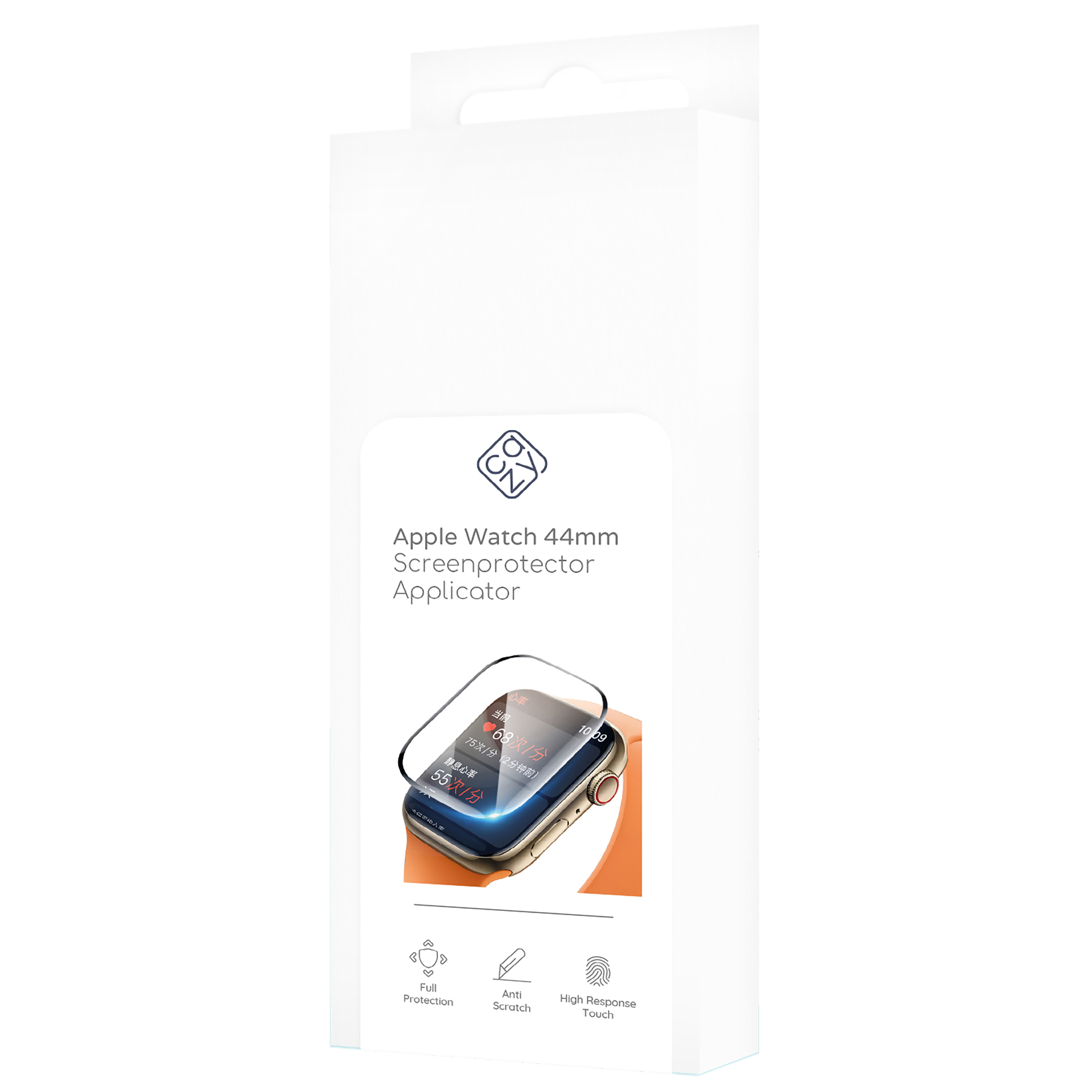 Apple Watch Displayschutz in einer weißen Box. Uhr mit orangefarbenem Armband sichtbar.