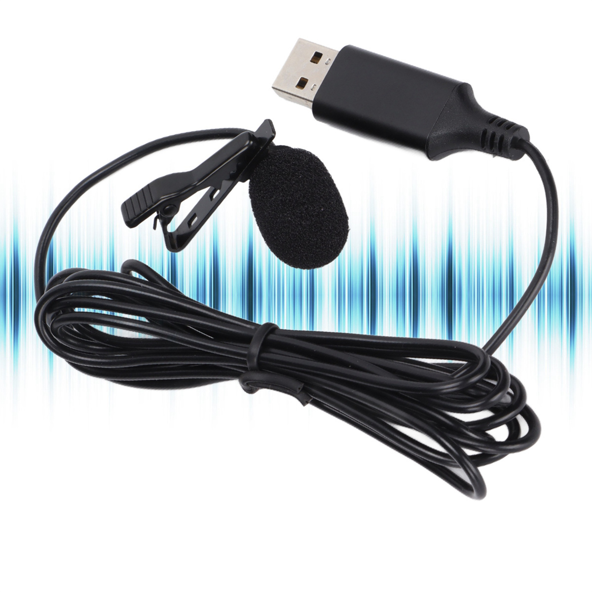 Schwarzes Ansteckmikrofon mit Clip und USB-Anschluss. Schallwellen-Grafik.