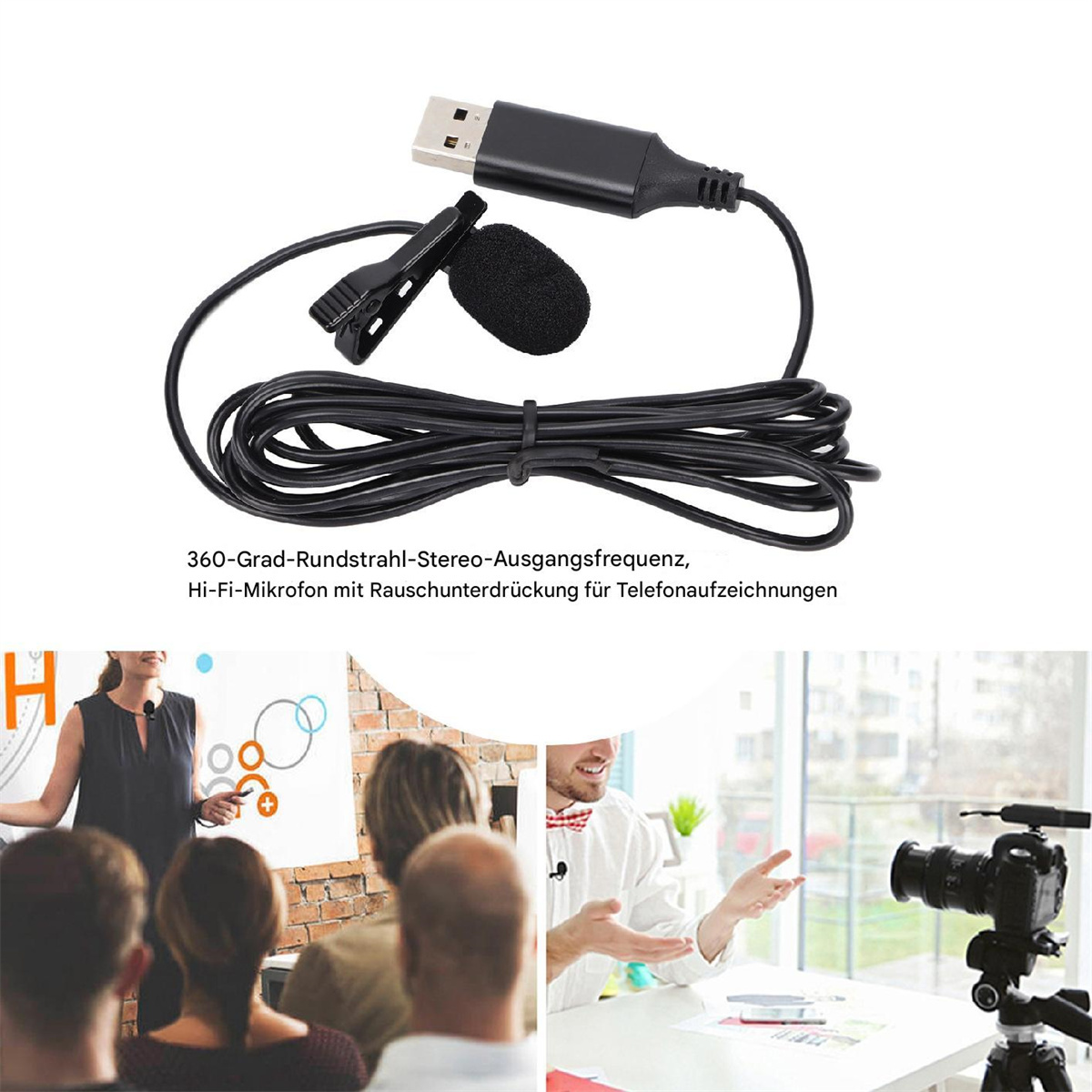 USB-Mikrofon mit Clip und mehrere Szenen von Personen auf weißem Hintergrund.