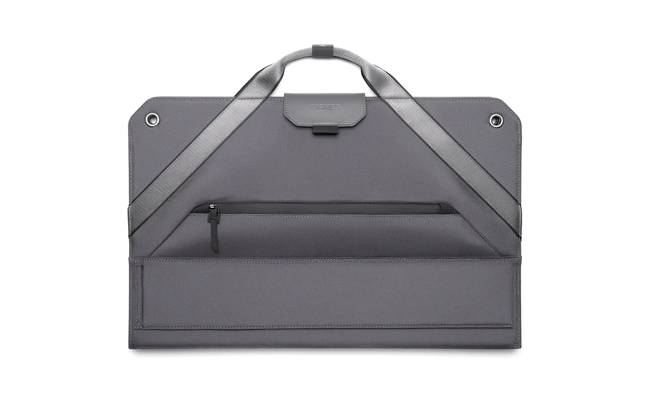 Eine graue, offene Tasche mit Reißverschluss und Griff auf weißem Hintergrund, zeigt das Innenfach.