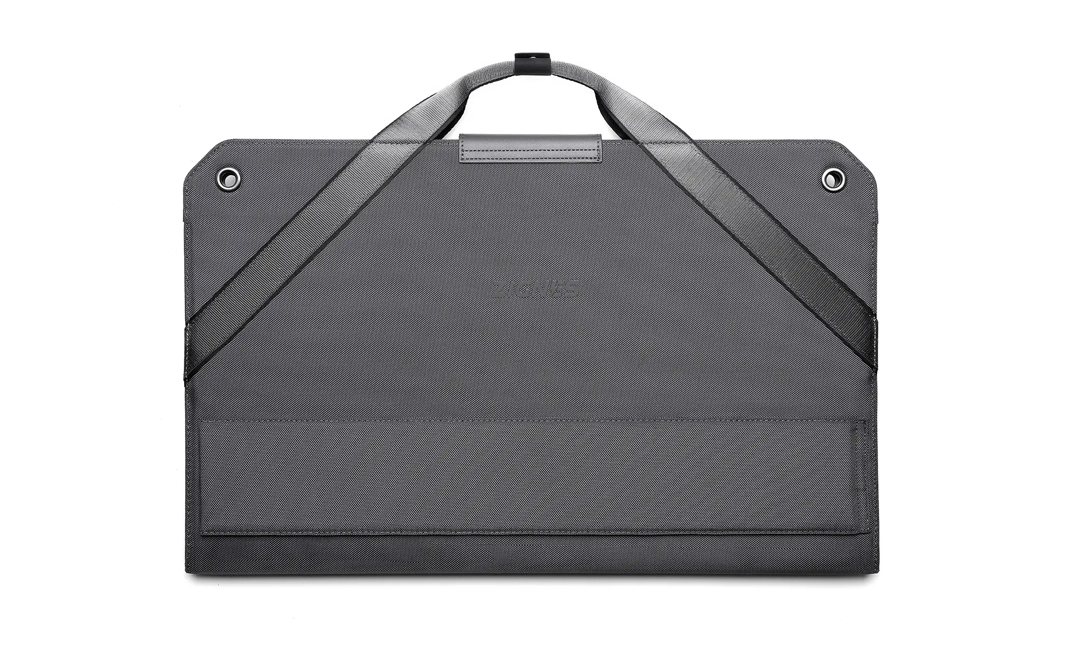 Graue Laptoptasche mit Reißverschluss, Griff und Schultergurten, vor weißem Hintergrund.